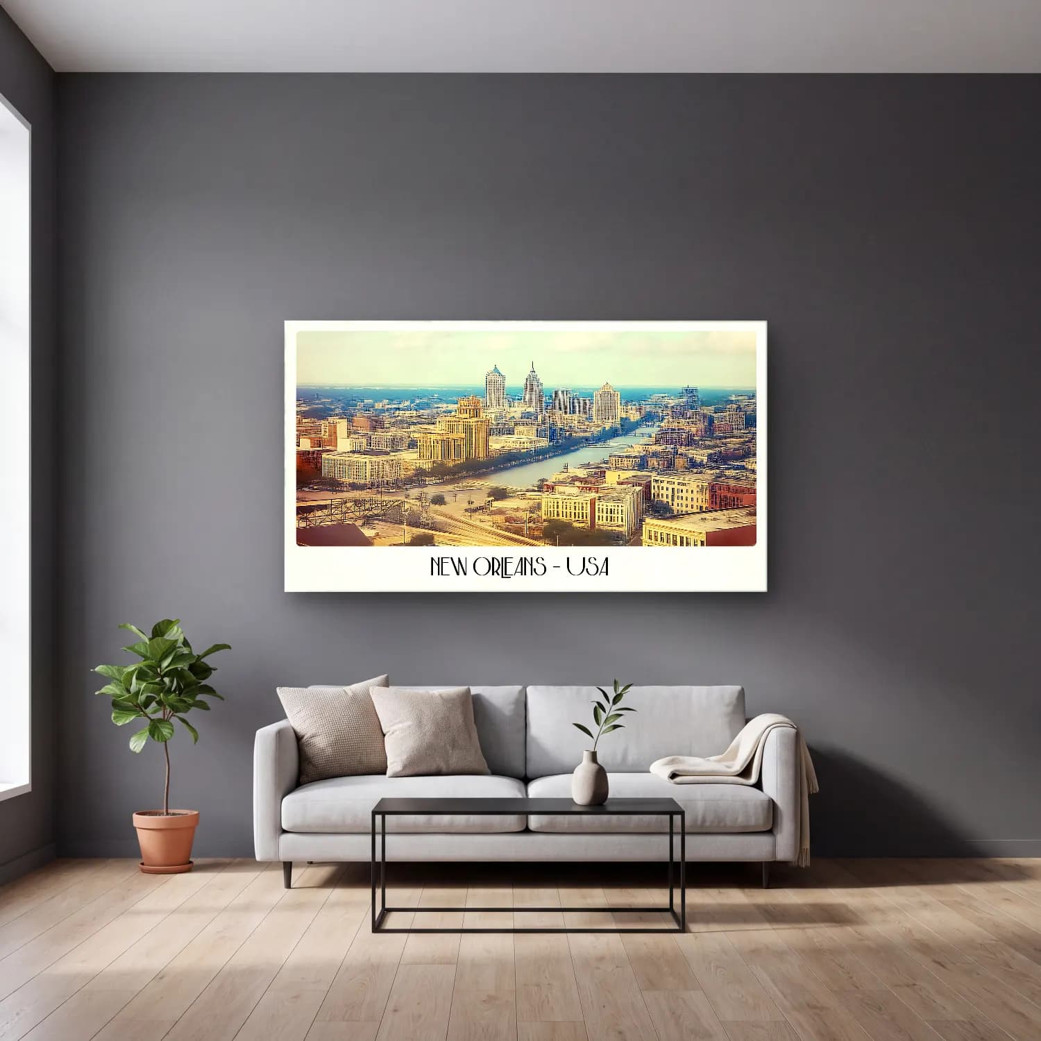 Vintage Poster New York Silüeti No. 7 cam tablo — gri duvarlı salonda