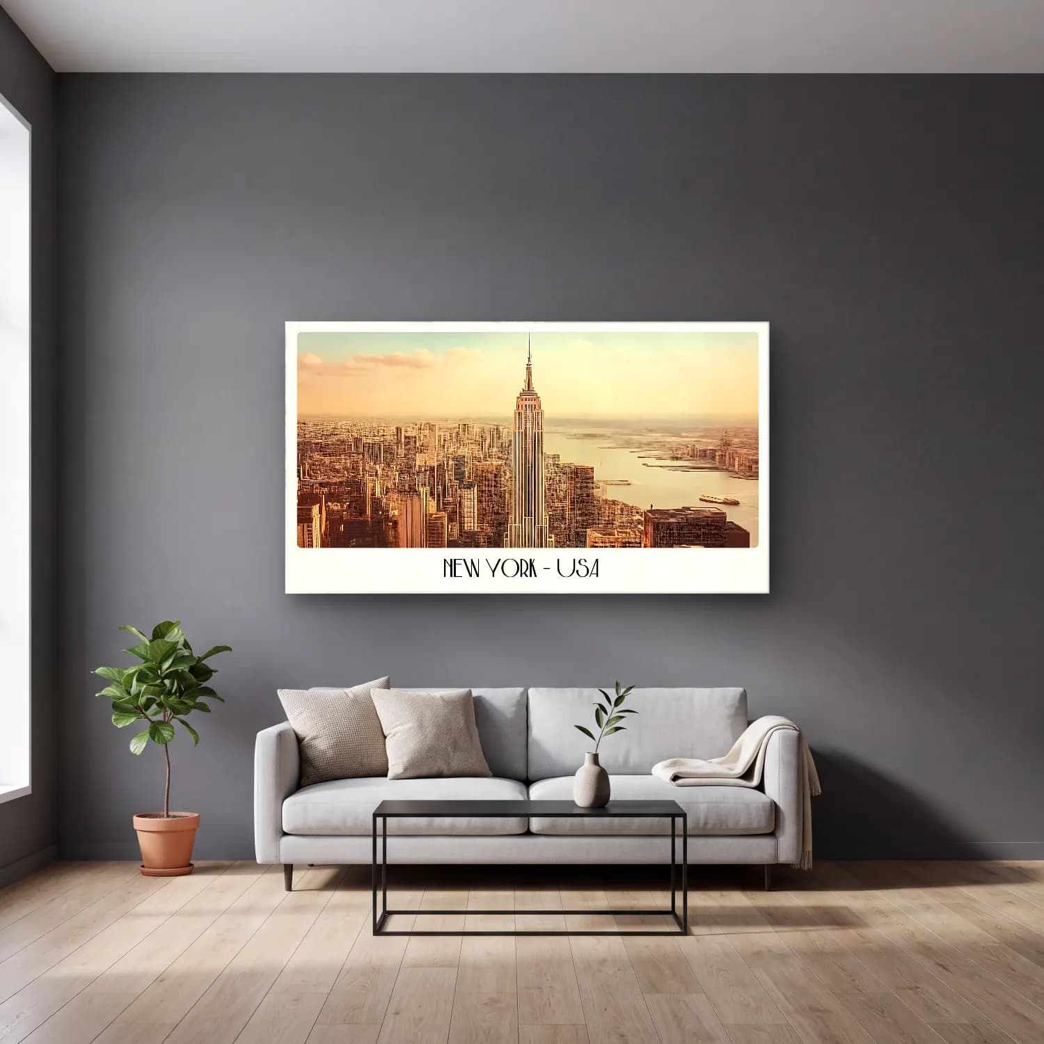 Vintage Poster New York Silüeti No. 8 cam tablo — gri duvarlı salonda