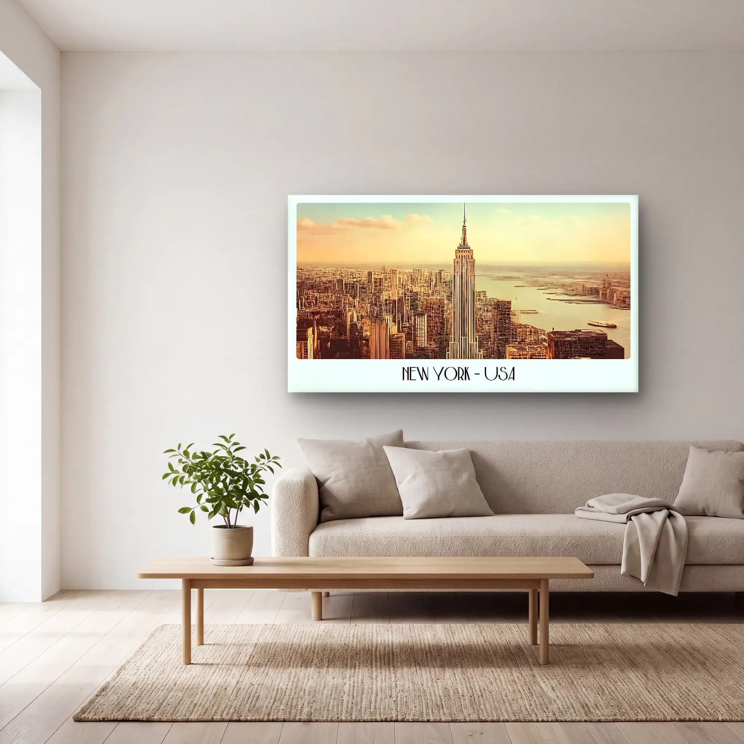 Vintage Poster New York Silüeti No. 8 cam tablo — açık renk salonda
