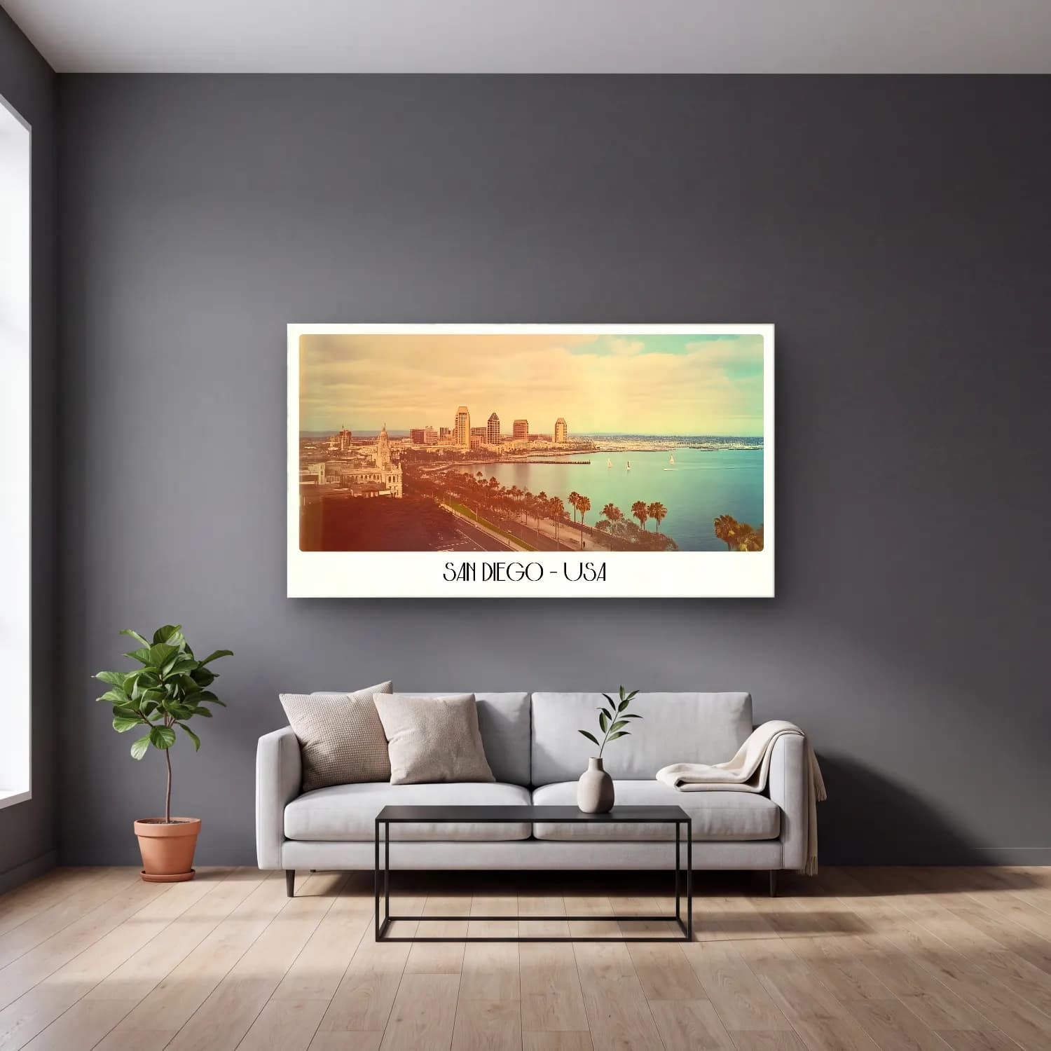 Pastel Liman ve Tekneler No. 5 cam tablo — gri duvarlı salonda