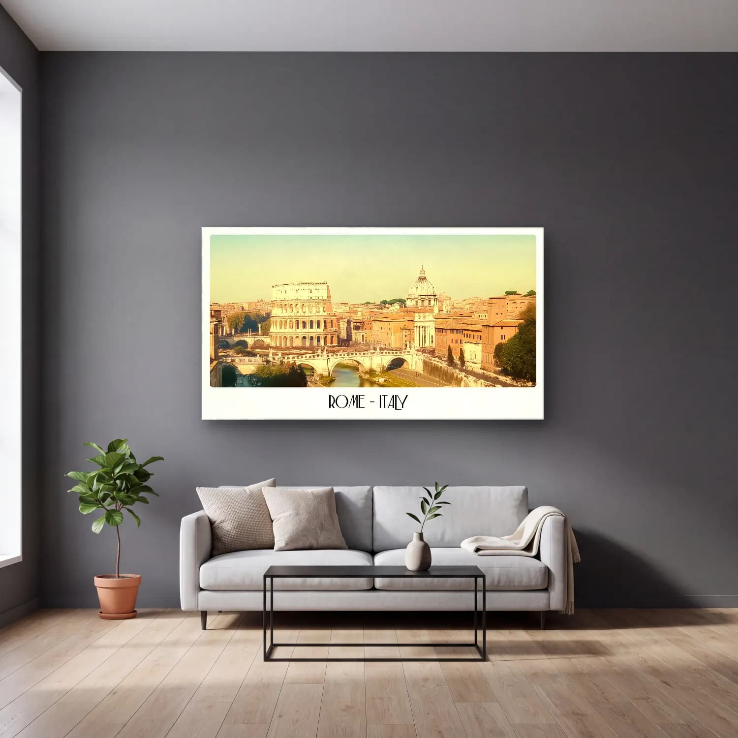 Pastel Roma – Pastel Tonlar cam tablo — gri duvarlı salonda