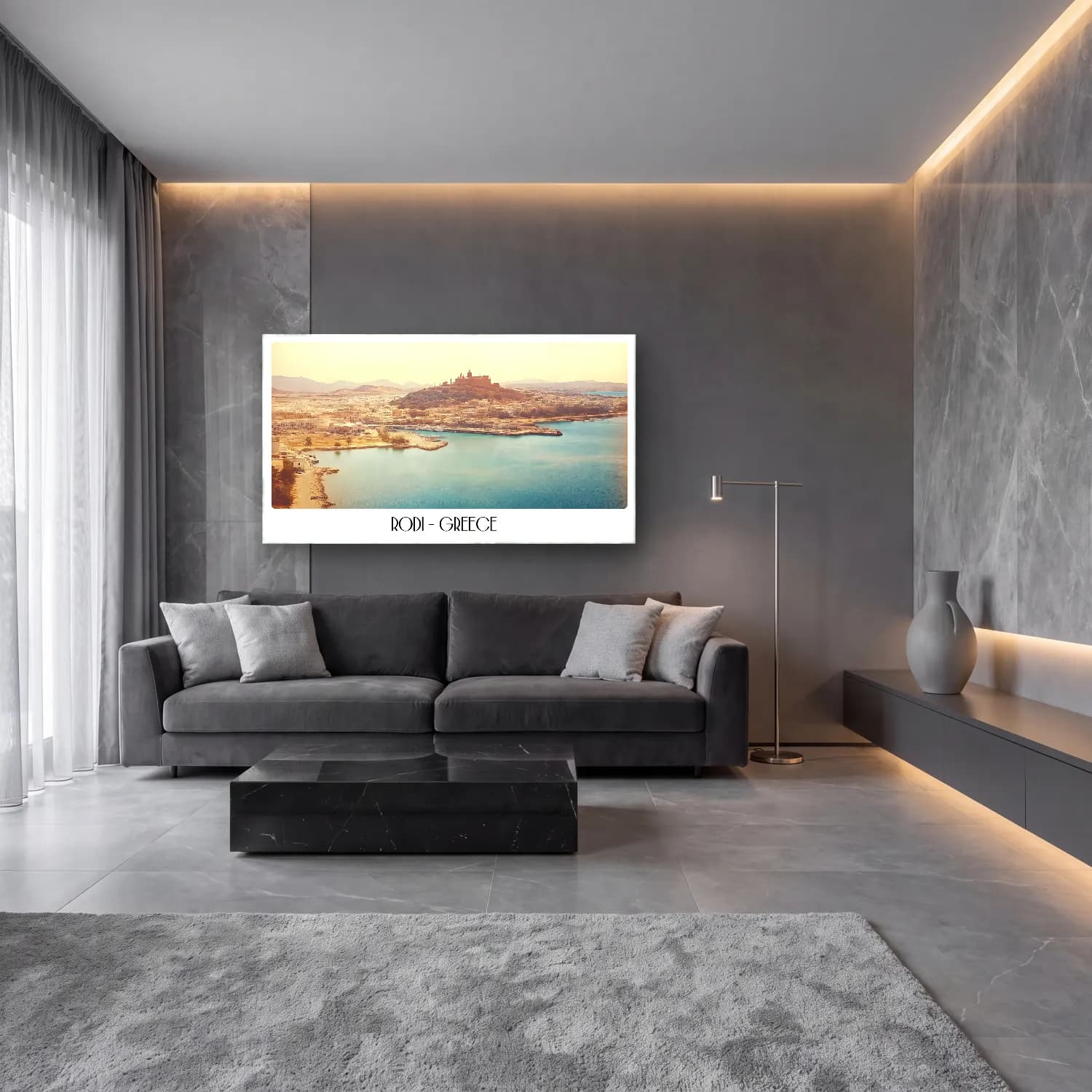 Pastel Yunan Adası cam tablo — lüks salon duvarında