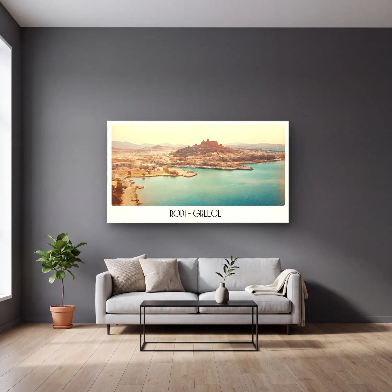 Pastel Yunan Adası cam tablo — gri duvarlı salonda
