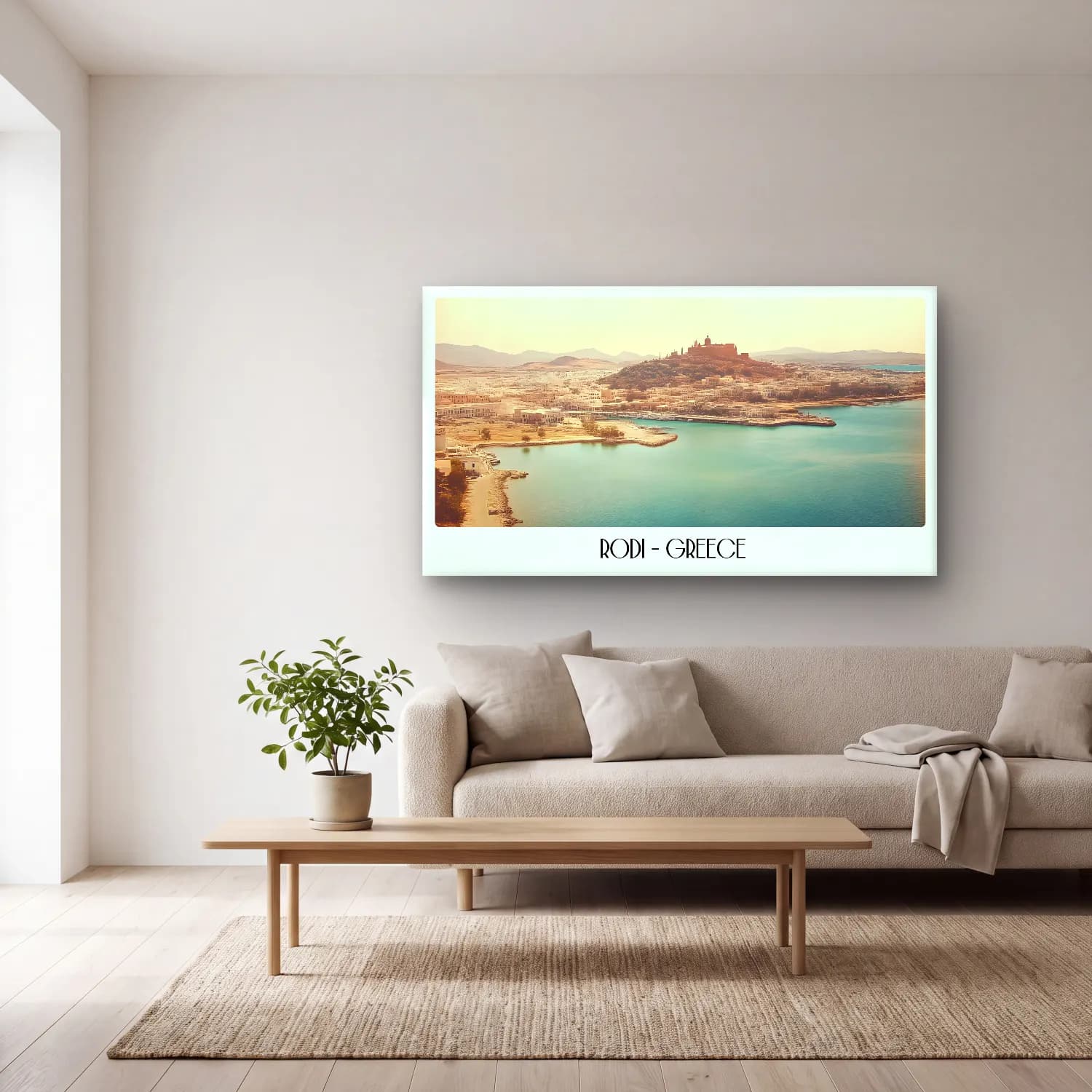 Pastel Yunan Adası cam tablo — açık renk salonda