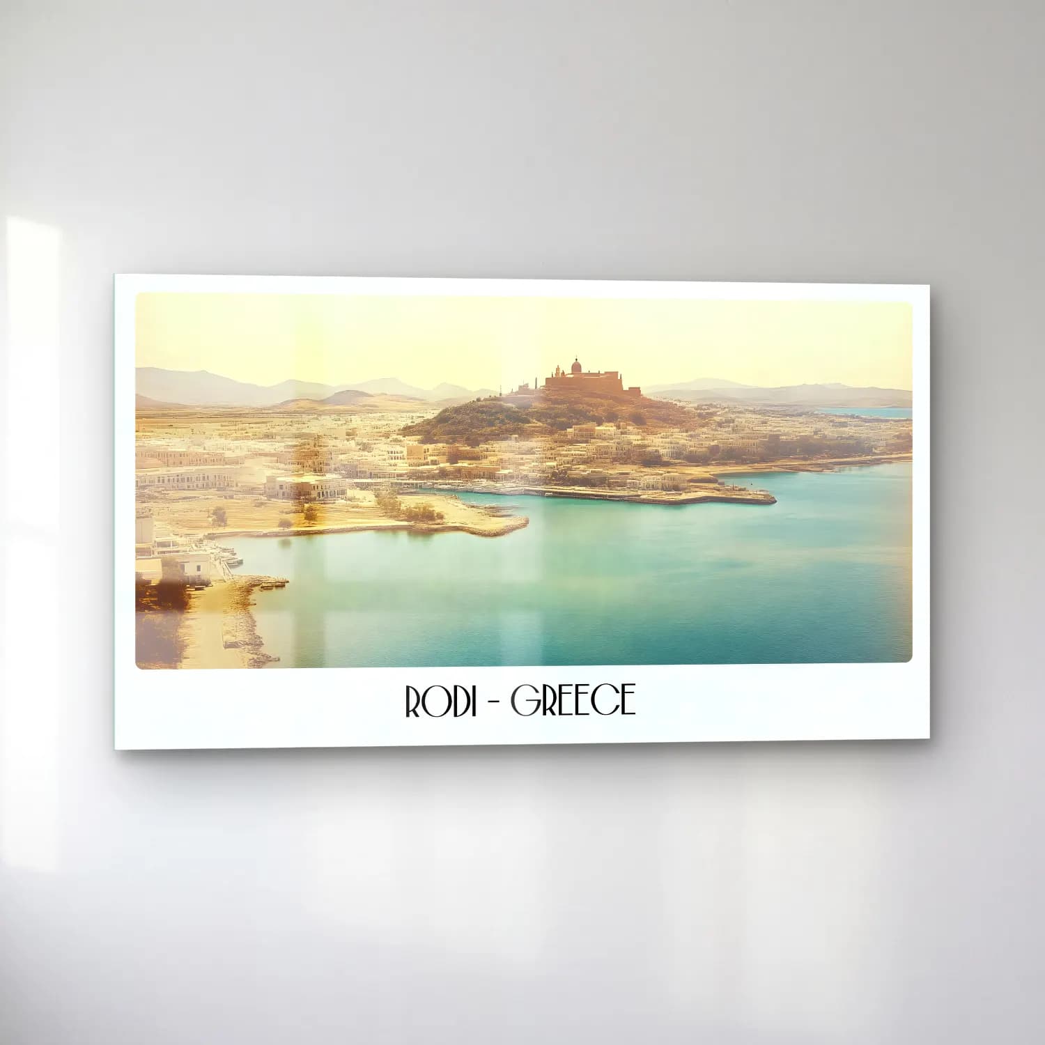 Pastel Yunan Adası cam tablo — sol açıdan görünüm