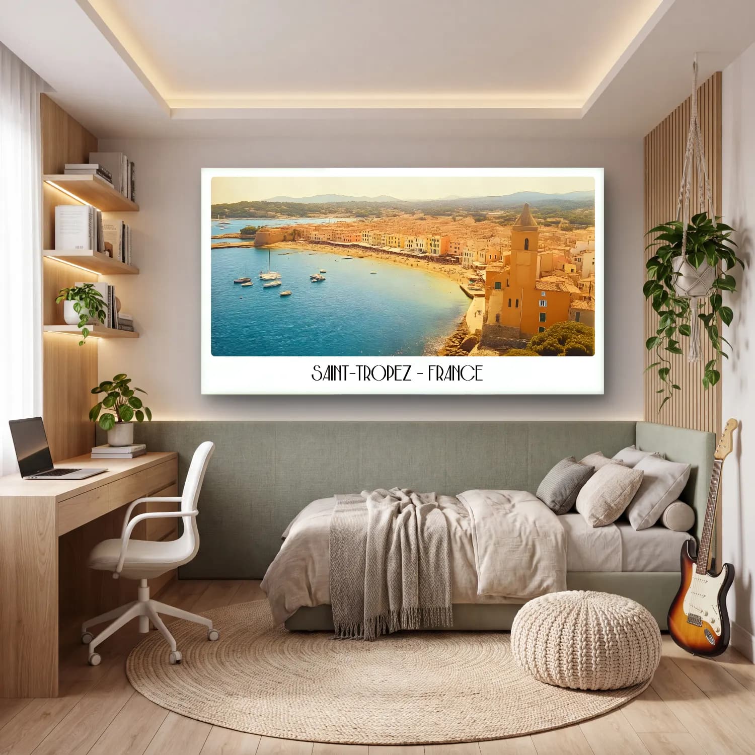 Pastel Akdeniz Sahil Kasabası – Bej Tonlar cam tablo — genç odasında