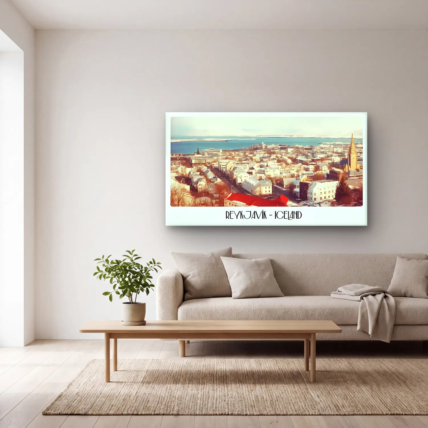 Pastel Yunan Adası – Mavi Tonlar cam tablo — açık renk salonda