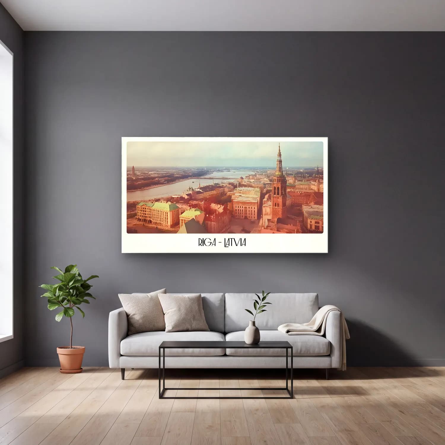 Vintage Poster Liman ve Tekneler No. 3 cam tablo — gri duvarlı salonda