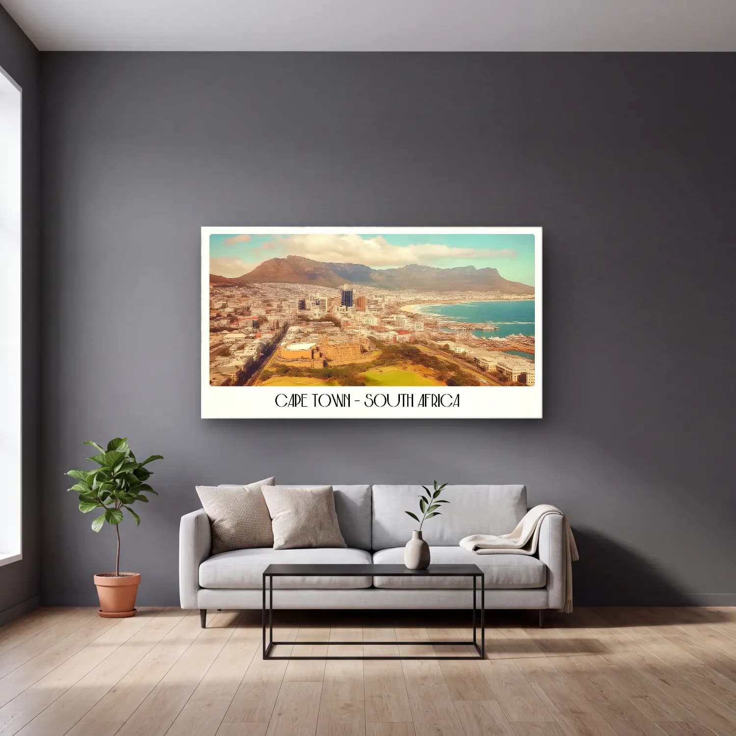 Pastel Akdeniz Sahil Kasabası – Pastel Tonlar cam tablo — gri duvarlı salonda