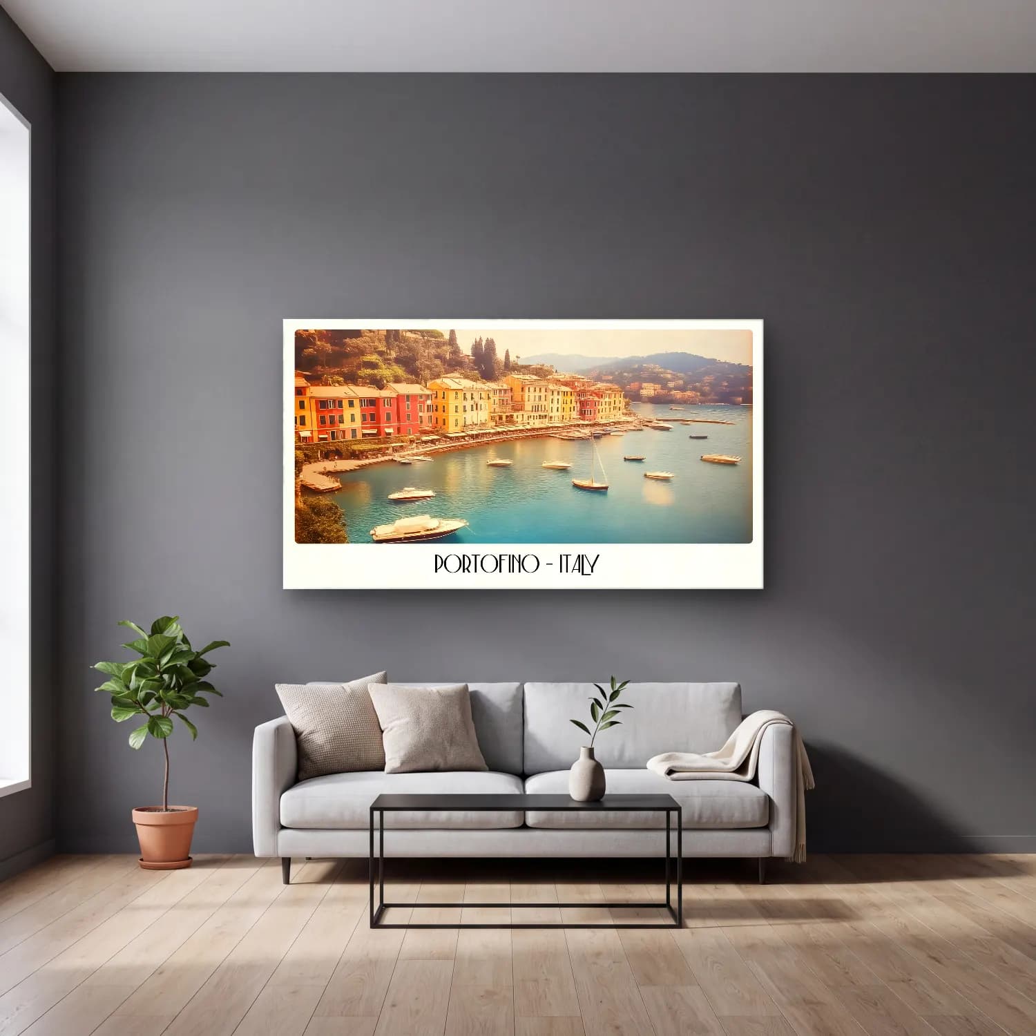 Pastel Akdeniz Sahil Kasabası No. 8 cam tablo — gri duvarlı salonda