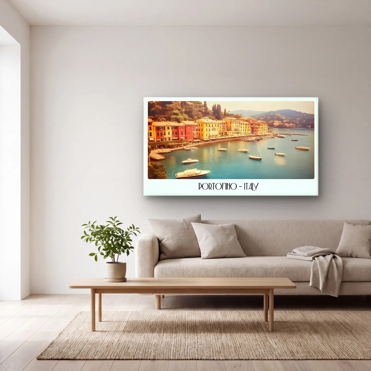 Pastel Akdeniz Sahil Kasabası No. 8 cam tablo — açık renk salonda