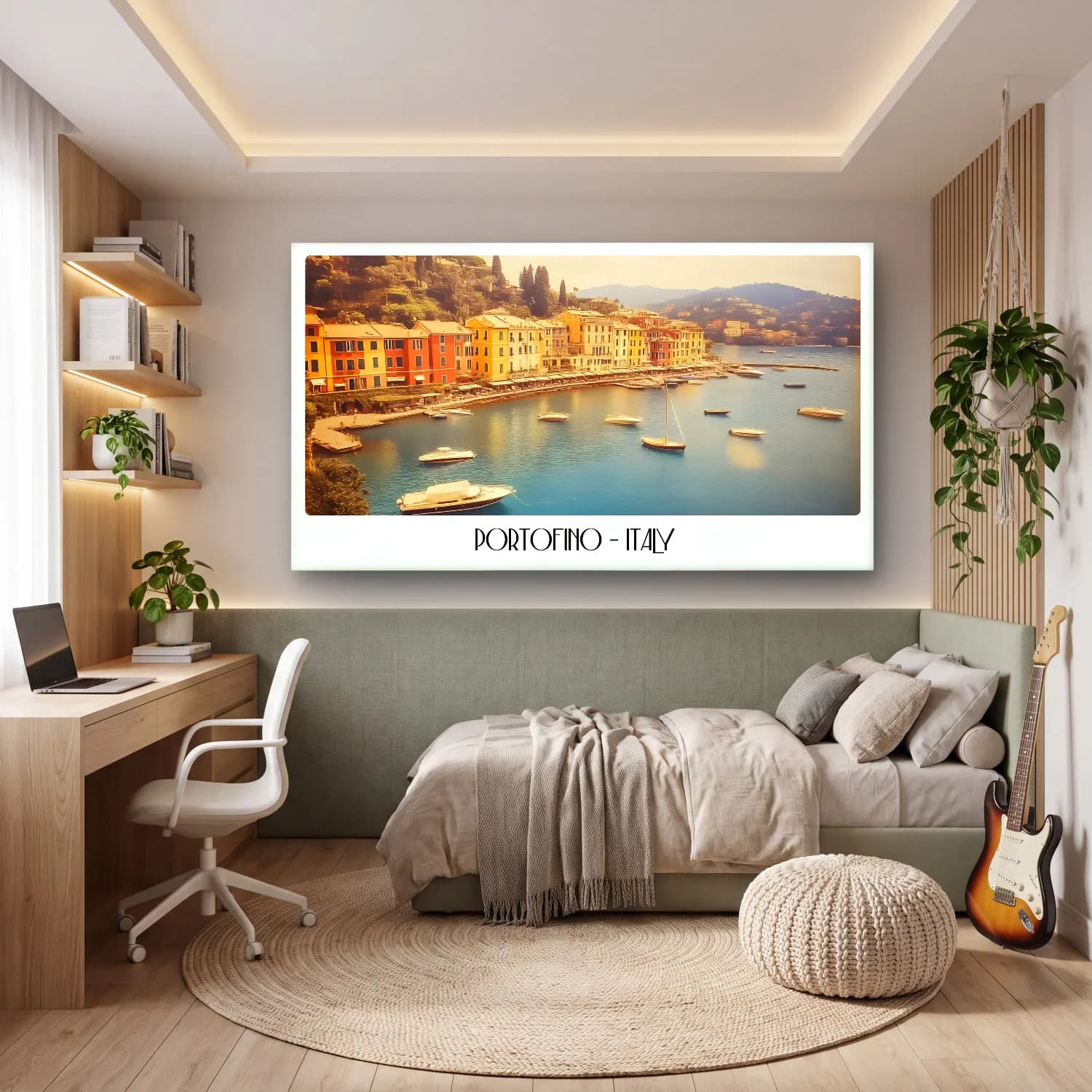 Pastel Akdeniz Sahil Kasabası No. 8 cam tablo — genç odasında