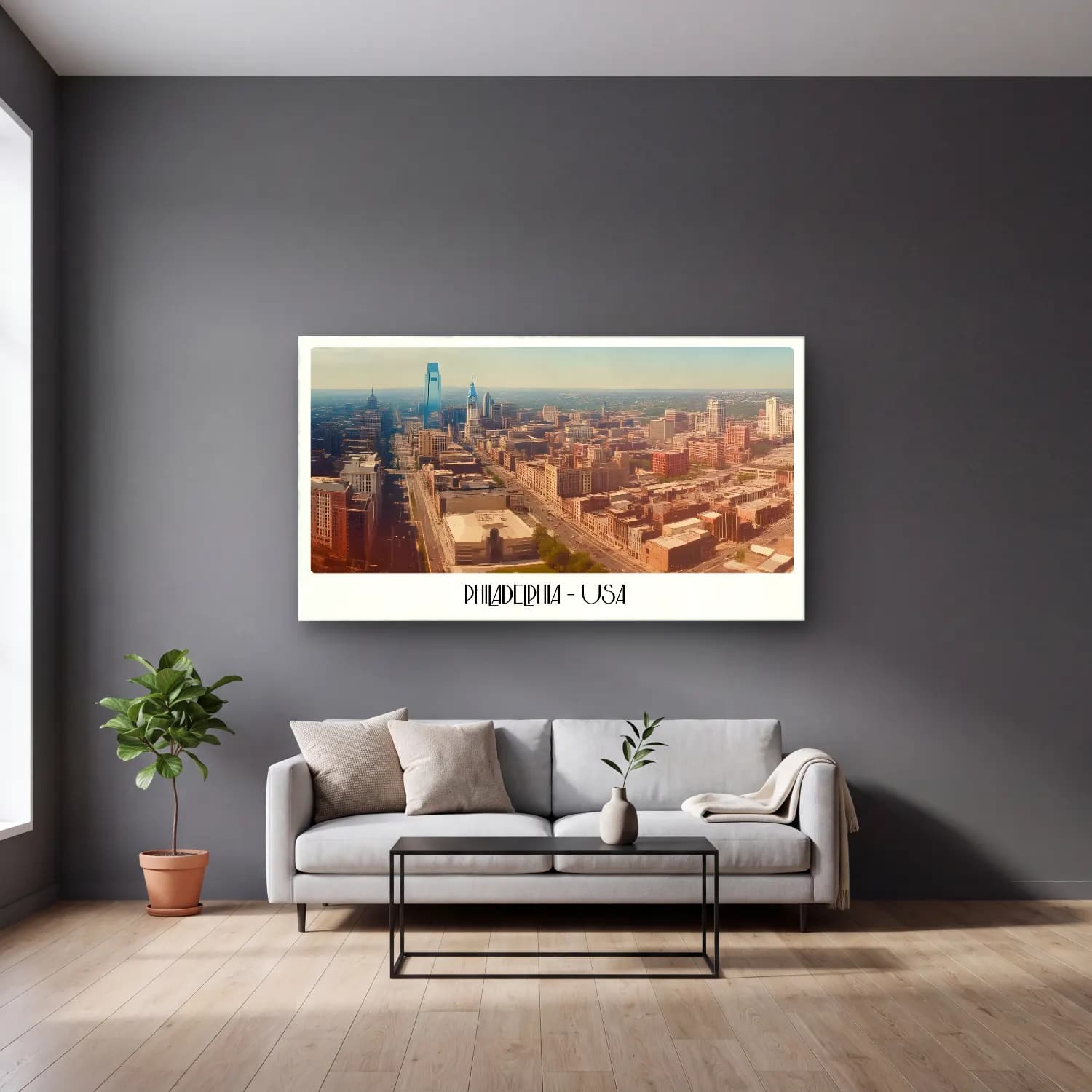 Vintage Poster New York Silüeti No. 9 cam tablo — gri duvarlı salonda