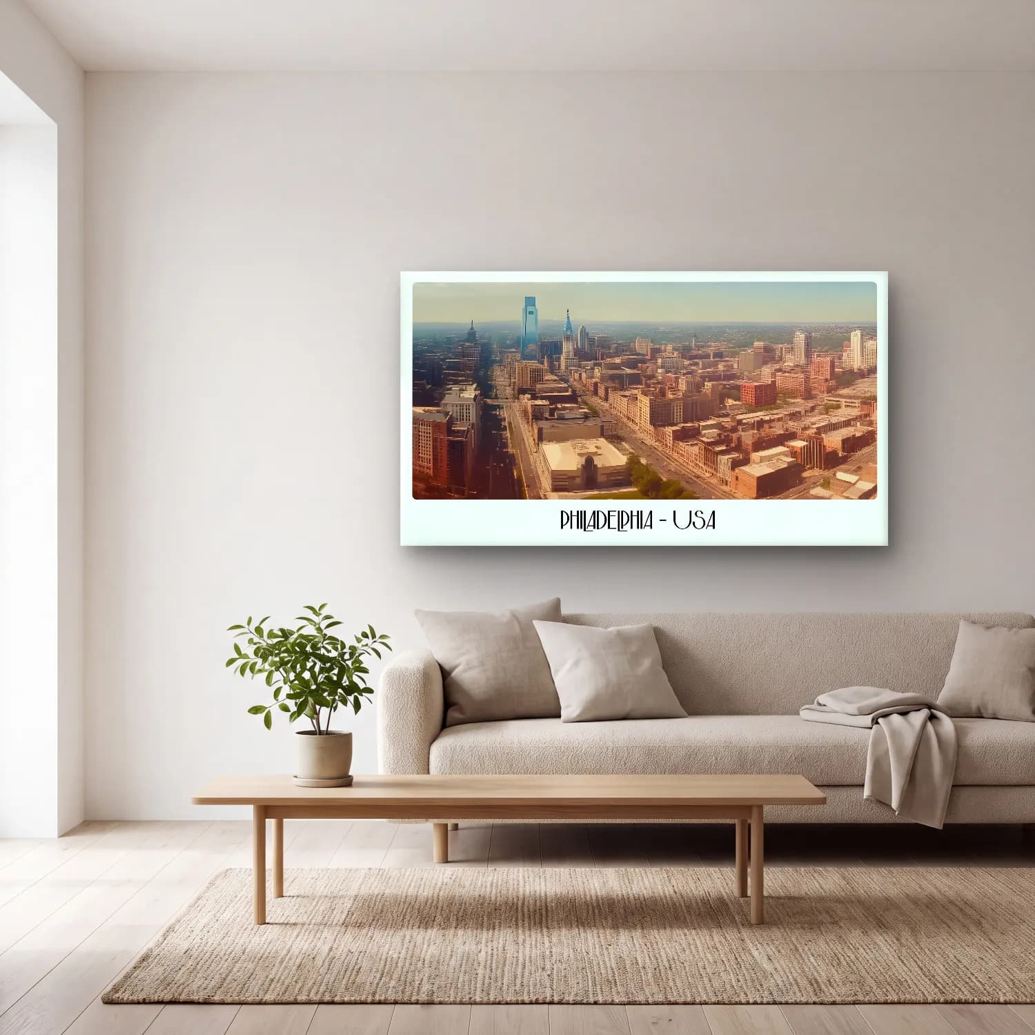 Vintage Poster New York Silüeti No. 9 cam tablo — açık renk salonda