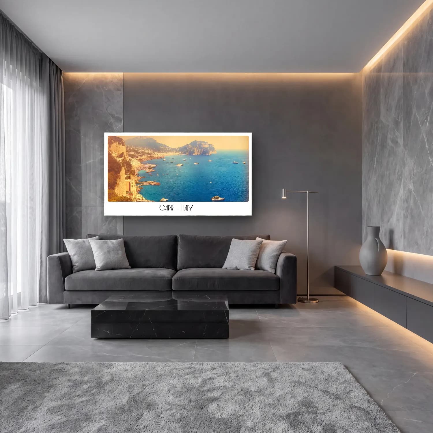 Pastel İtalyan Sahili – Bej Tonlar cam tablo — lüks salon duvarında