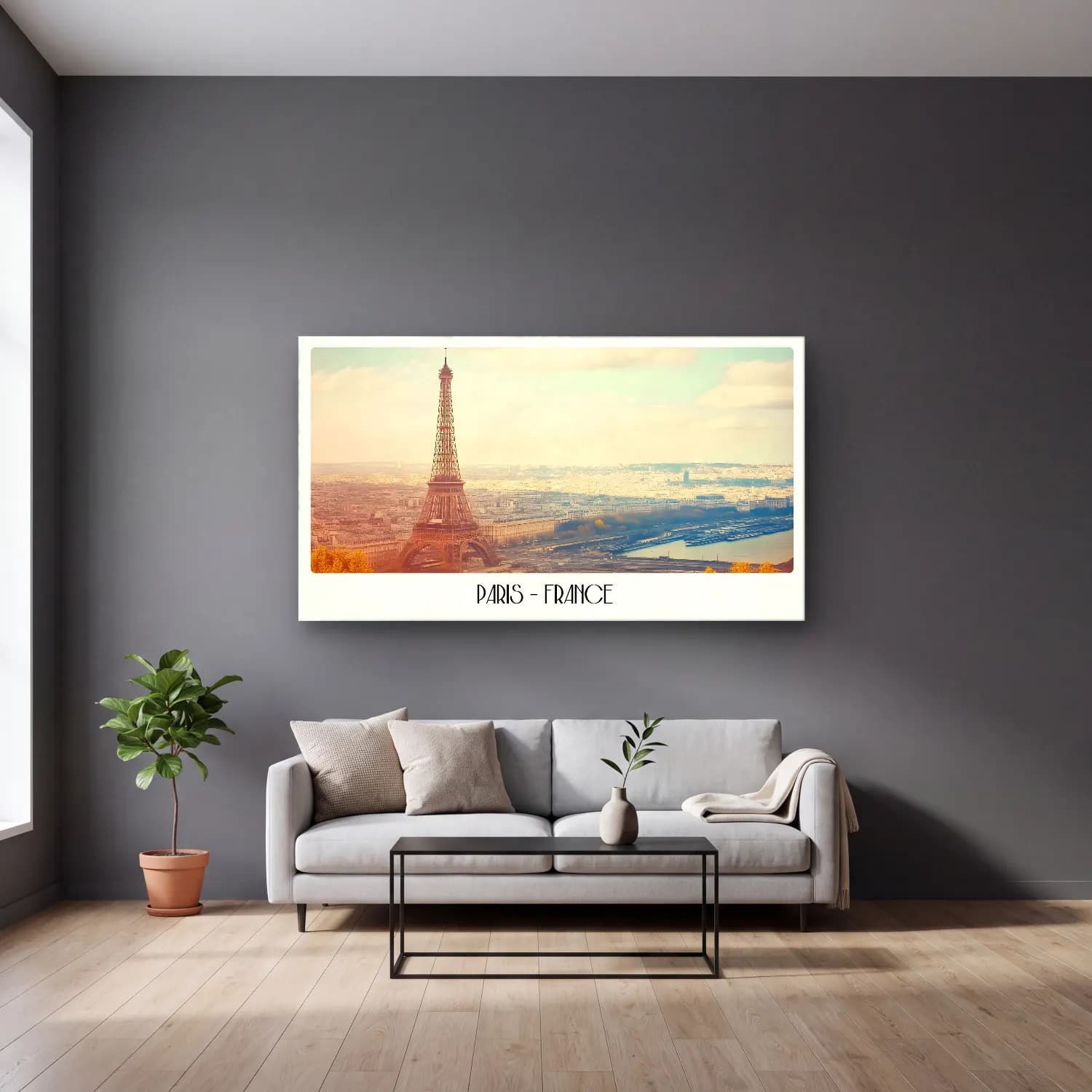 Pastel Paris ve Eyfel Kulesi No. 8 cam tablo — gri duvarlı salonda