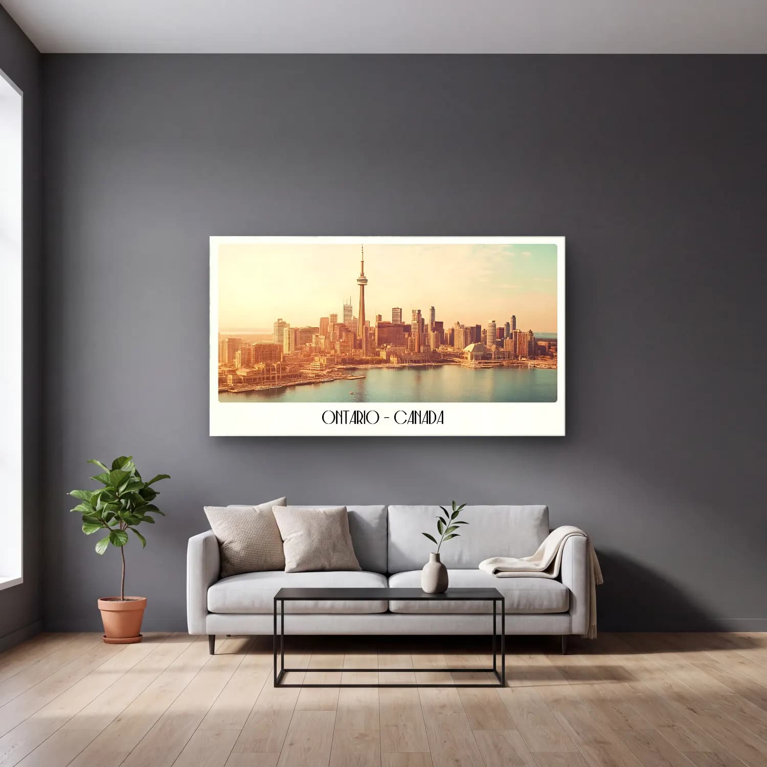 Pastel New York Silüeti – Bej Tonlar cam tablo — gri duvarlı salonda
