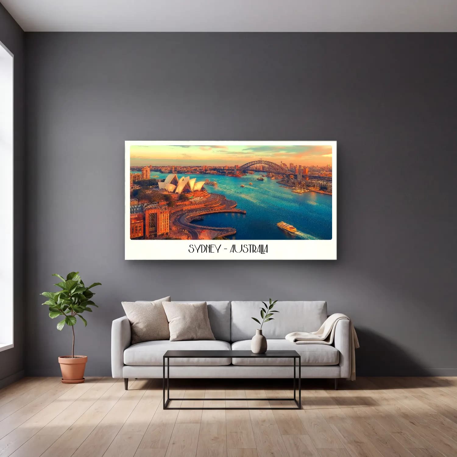 Pastel Liman ve Tekneler – Pastel Tonlar cam tablo — gri duvarlı salonda