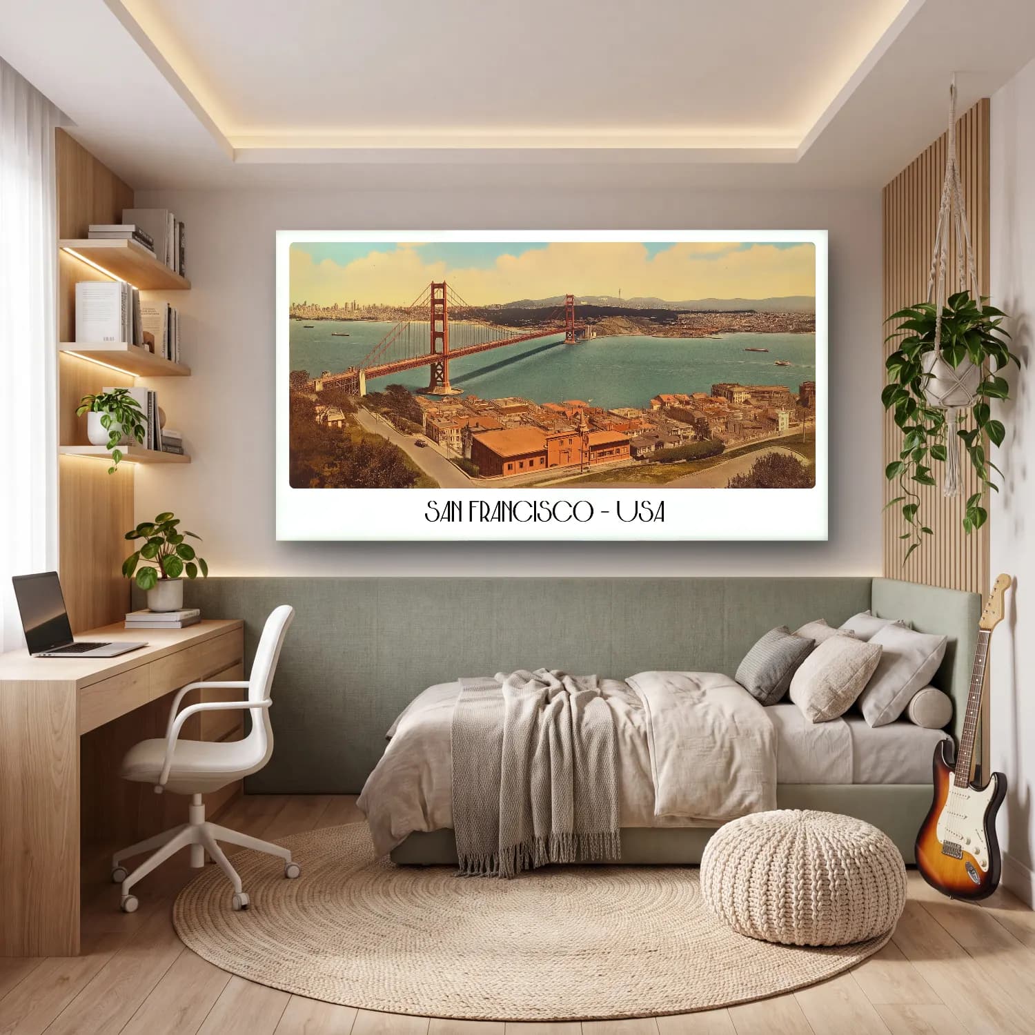 Vintage Poster Köprü – Sarı Tonlar cam tablo — genç odasında