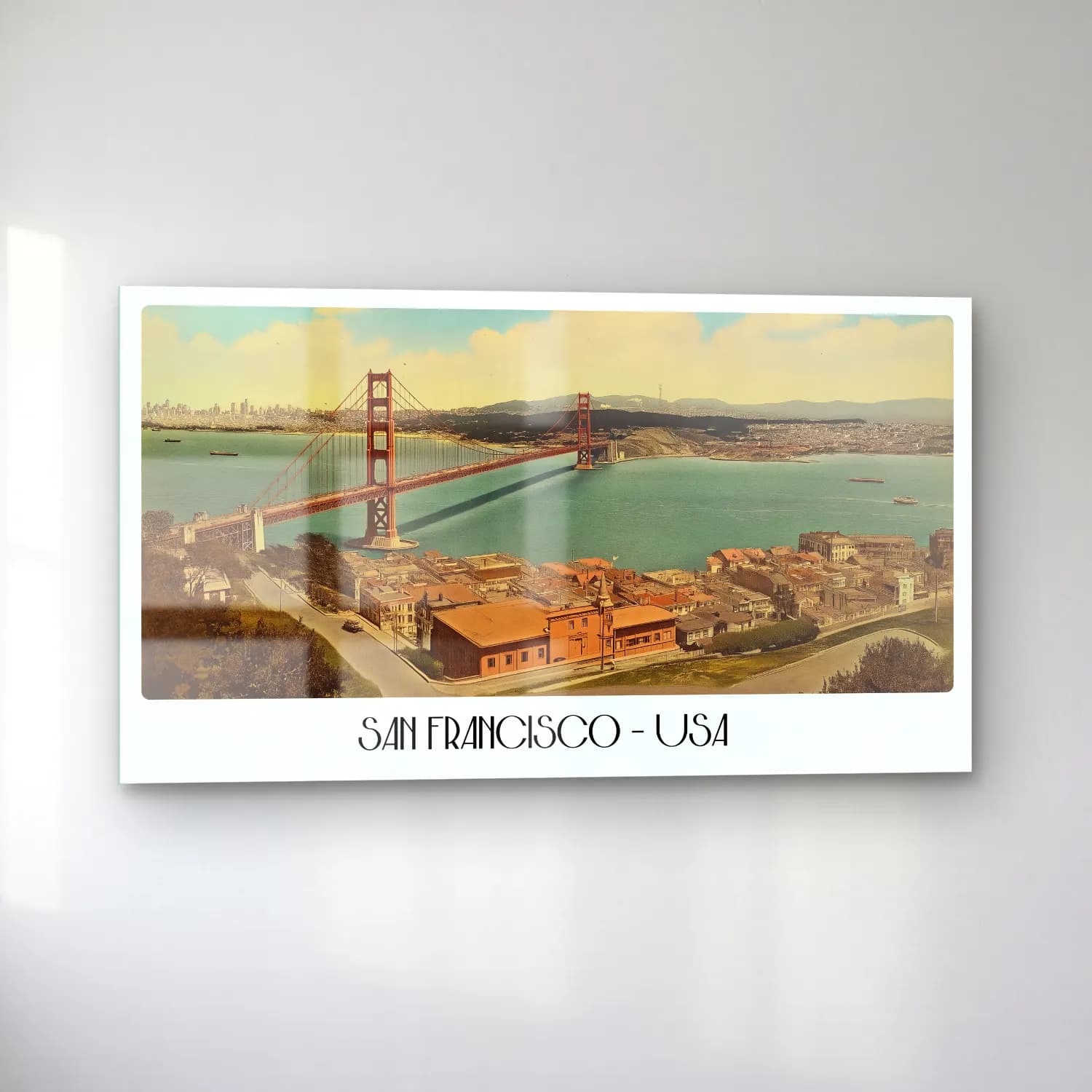 Vintage Poster Köprü – Sarı Tonlar cam tablo — sol açıdan görünüm