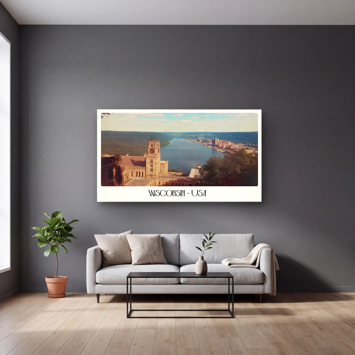 Pastel Katedral No. 8 cam tablo — gri duvarlı salonda
