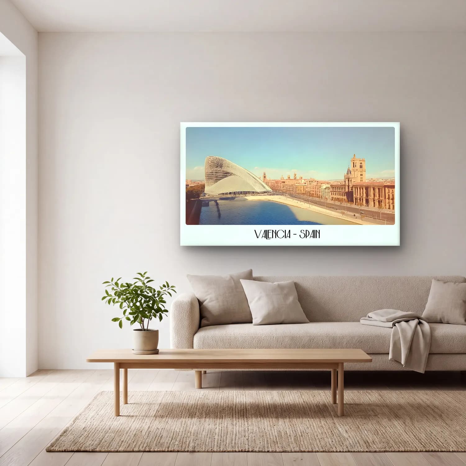 Pastel Akdeniz Sahil Kasabası No. 10 cam tablo — açık renk salonda