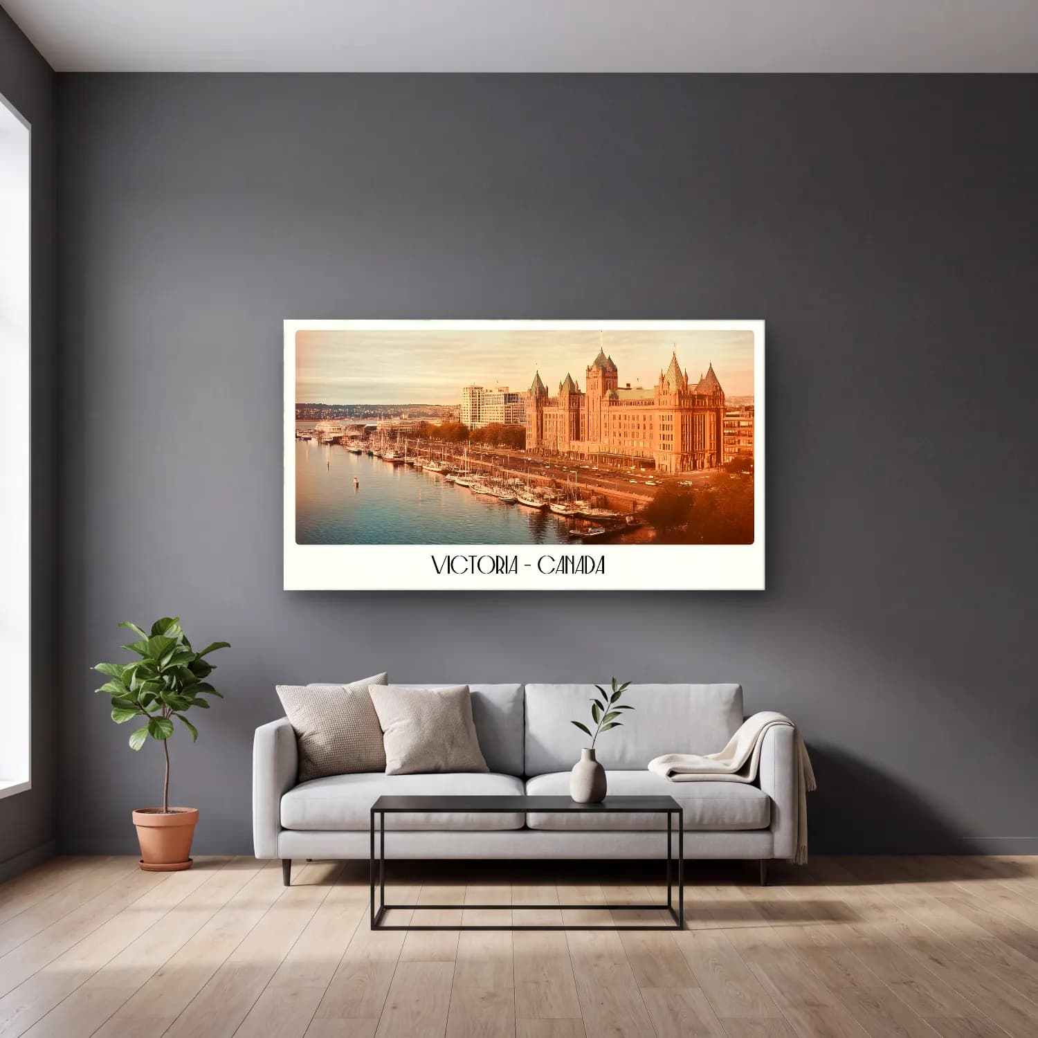Pastel Liman ve Tekneler No. 8 cam tablo — gri duvarlı salonda