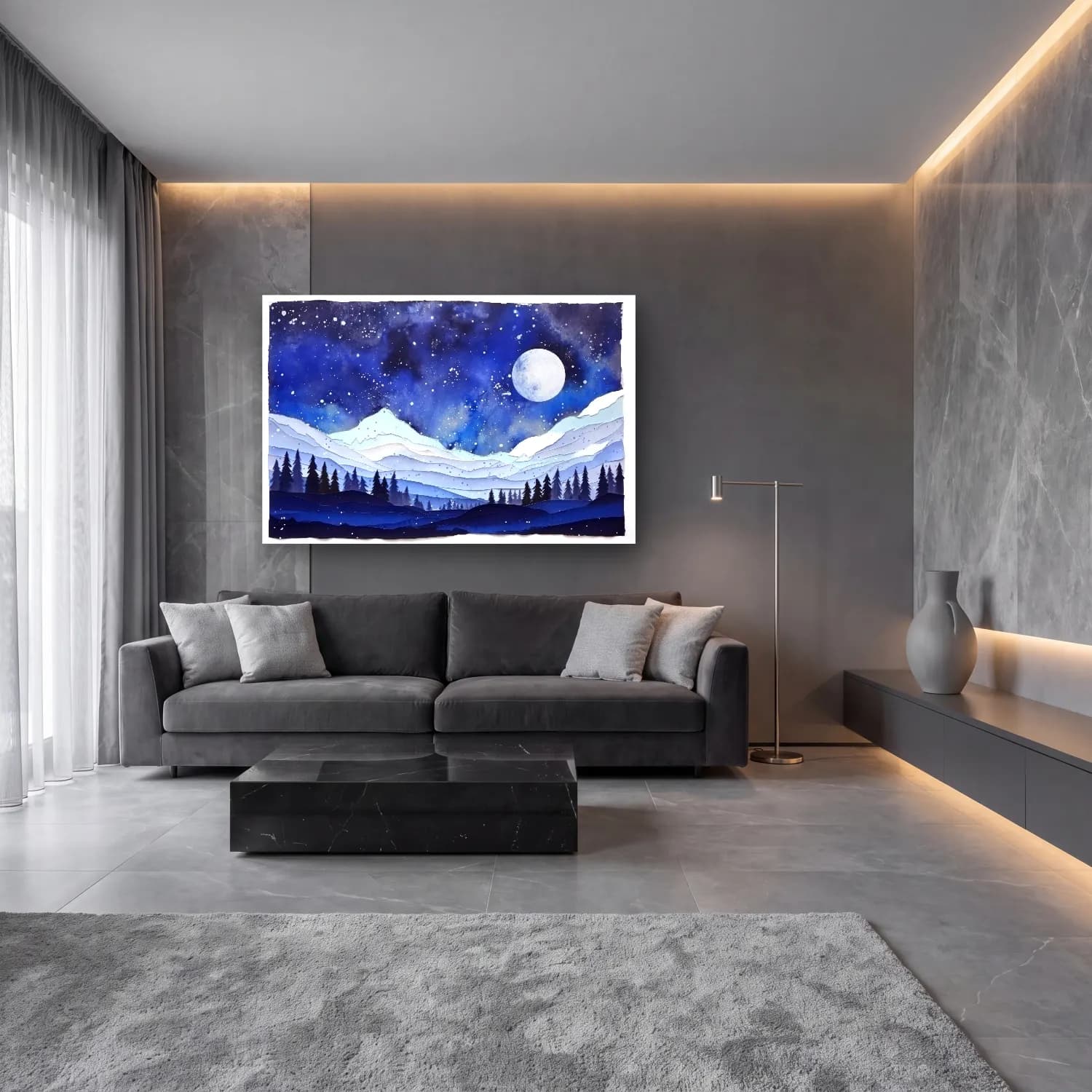 Suluboya Yıldızlı Gece – Mavi Tonlar cam tablo — lüks salon duvarında