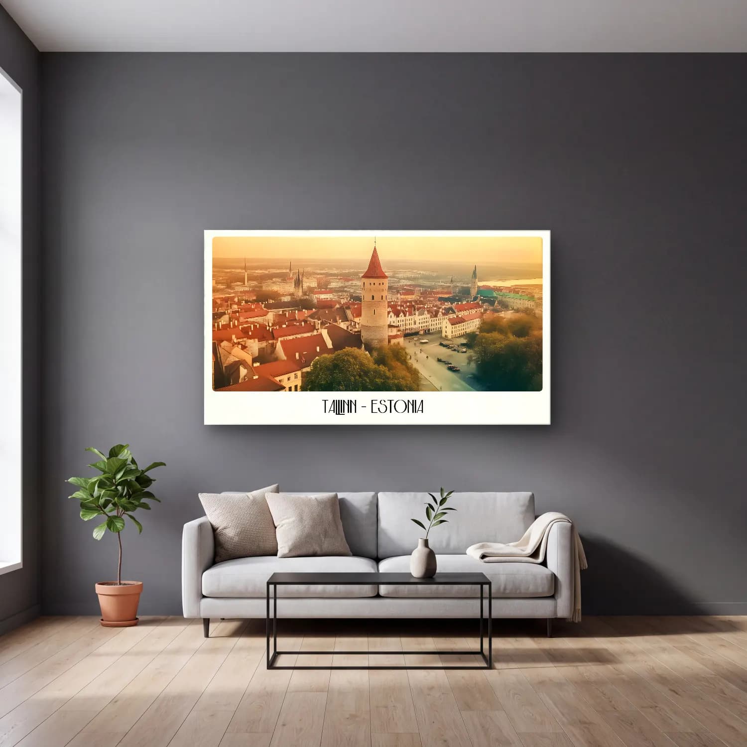Vintage Poster Şato – Sarı Tonlar cam tablo — gri duvarlı salonda