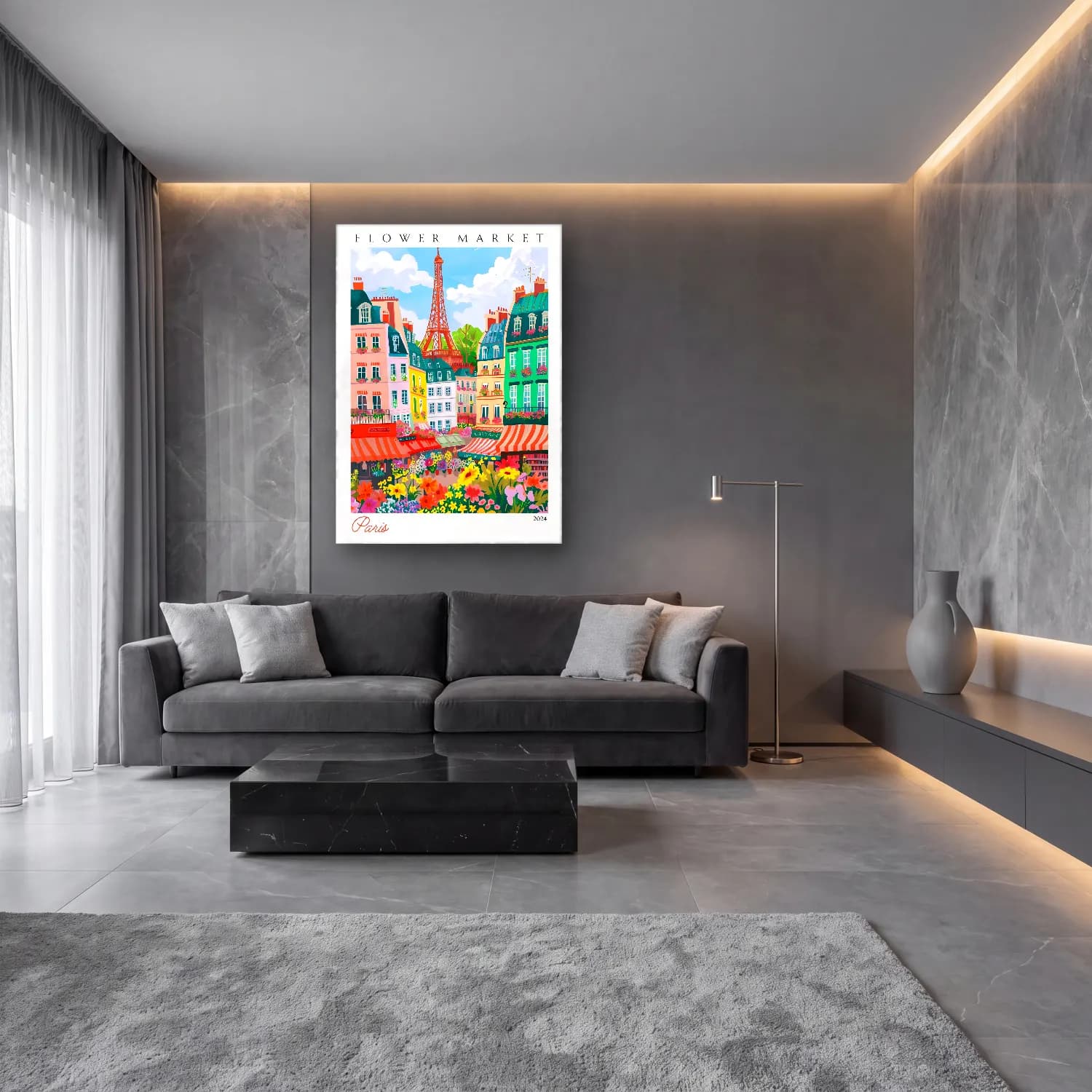 Maksimalist Çiçek Pazarı – Pastel Tonlar cam tablo — lüks salon duvarında