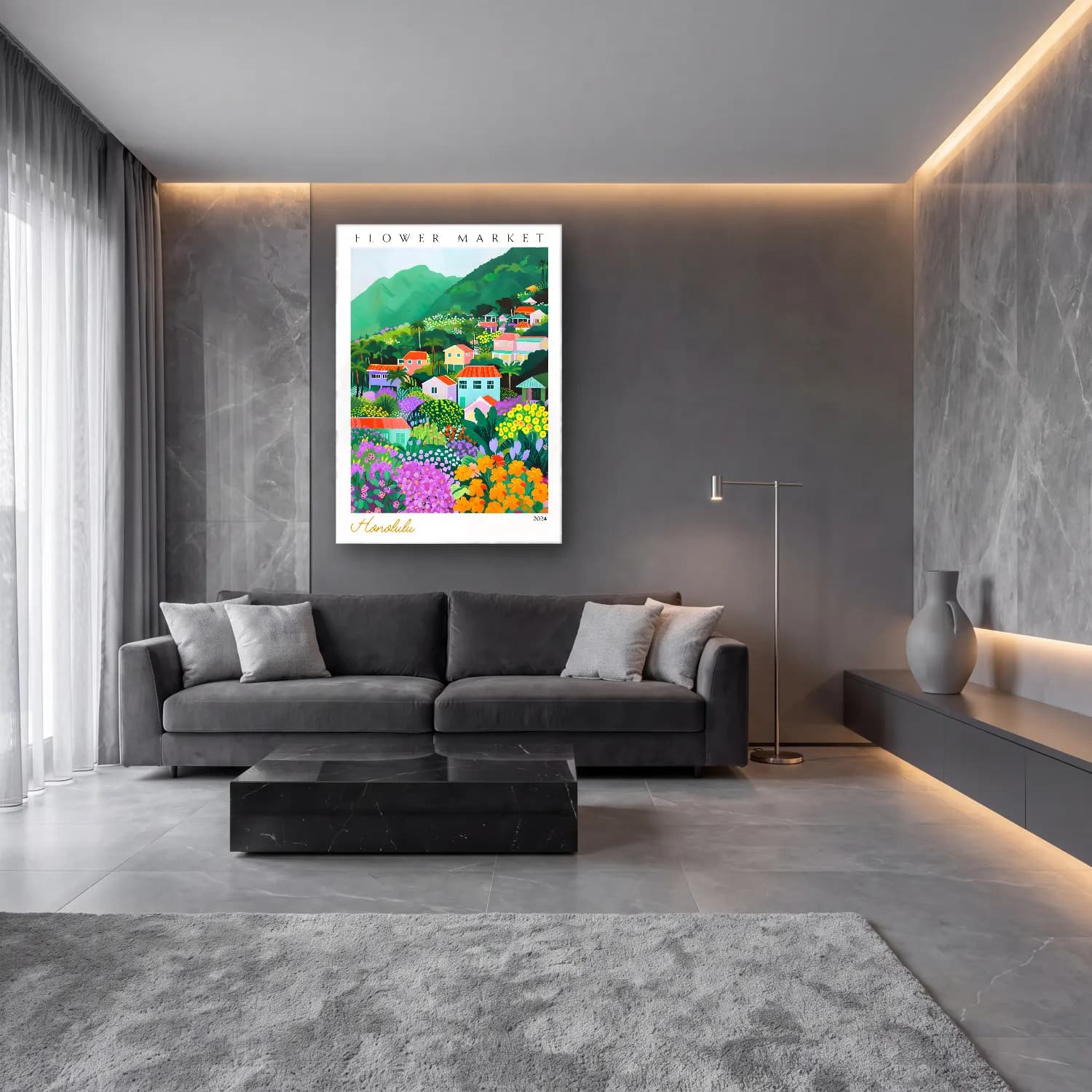 Maksimalist Çiçek Bahçesi – Pastel Tonlar cam tablo — lüks salon duvarında