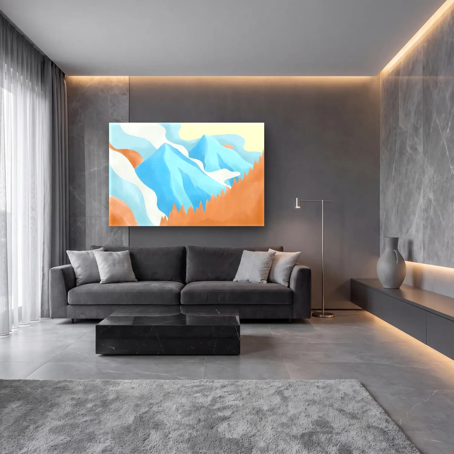 Pastel Dağ Manzarası – Pastel Tonlar cam tablo — lüks salon duvarında