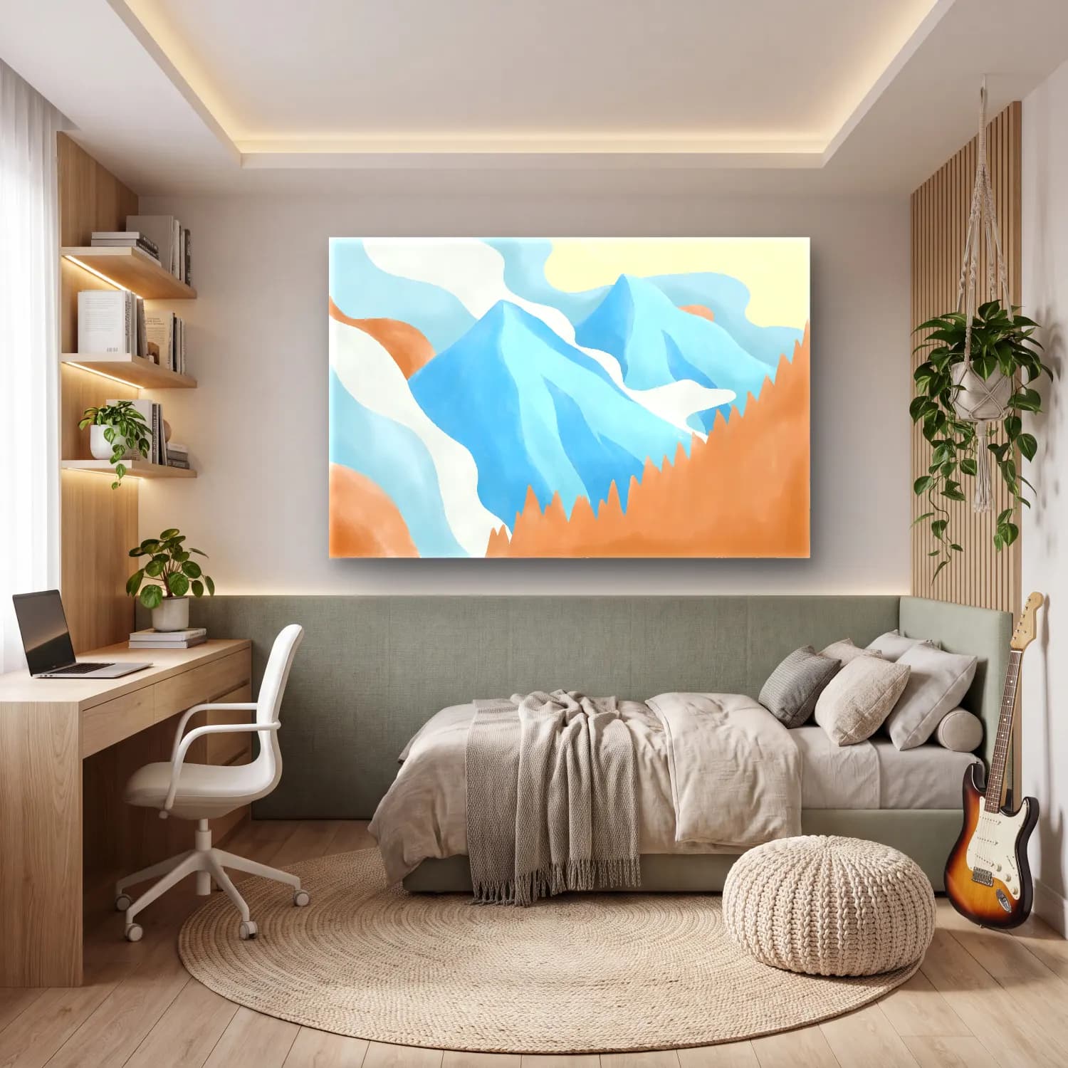 Pastel Dağ Manzarası – Pastel Tonlar cam tablo — genç odasında