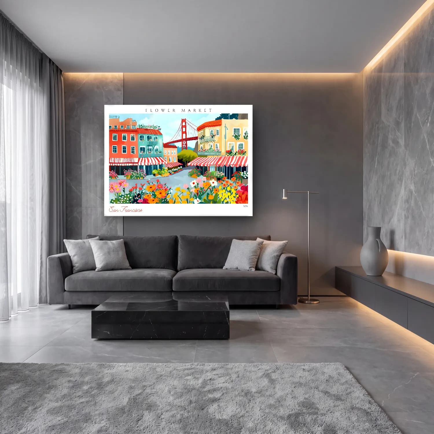 Pastel Çiçek Pazarı – Turuncu Tonlar cam tablo — lüks salon duvarında