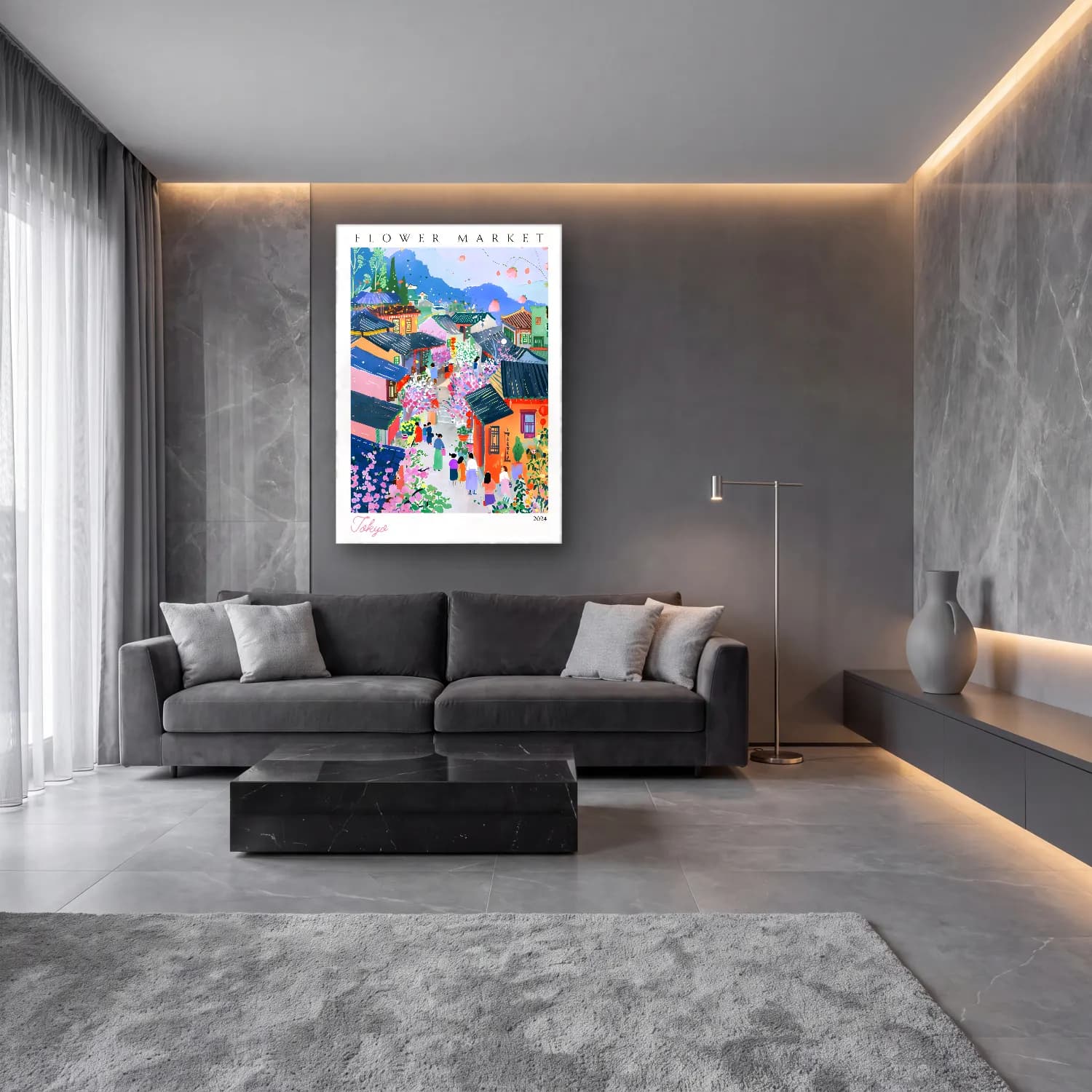 Pastel Köy Sokağı No. 5 cam tablo — lüks salon duvarında