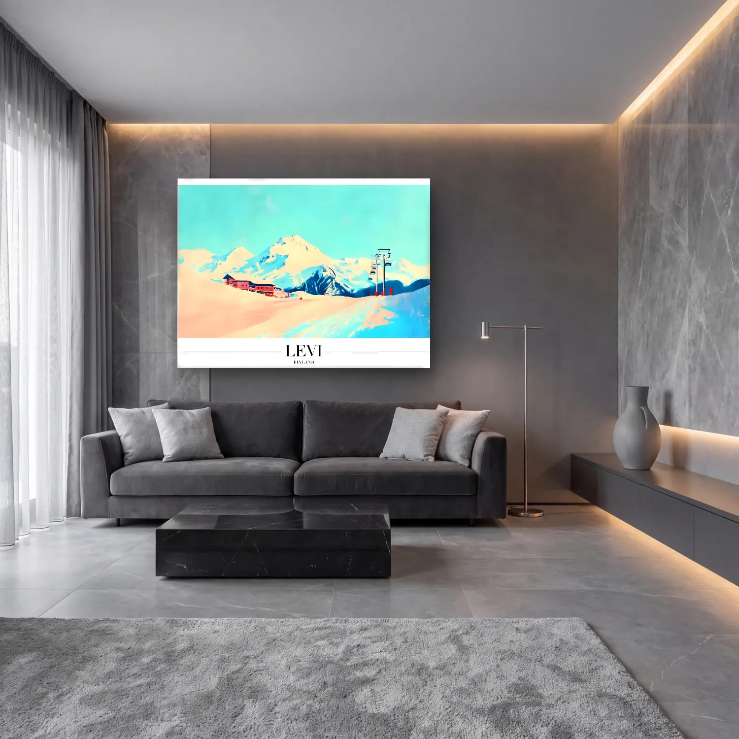 Pastel Kayak cam tablo — lüks salon duvarında