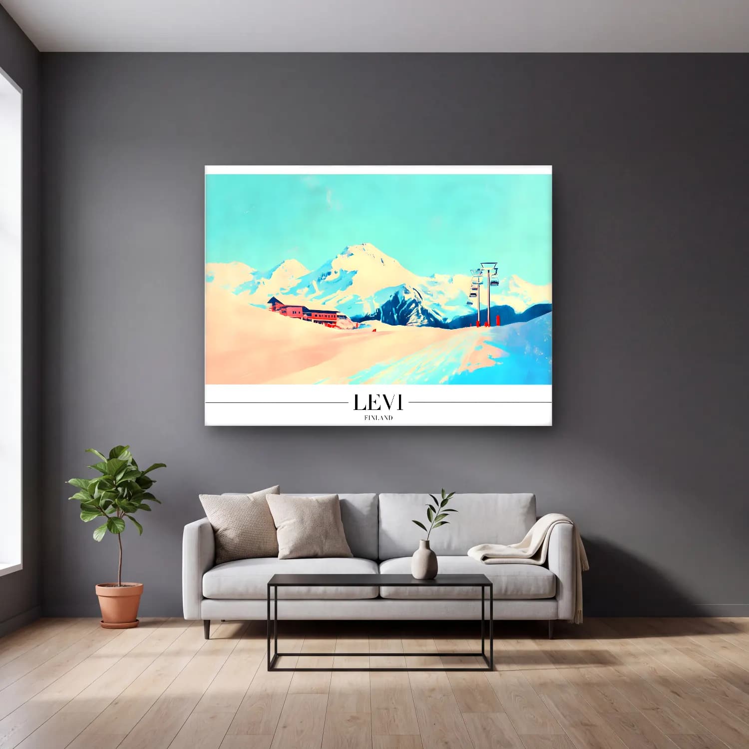 Pastel Kayak cam tablo — gri duvarlı salonda