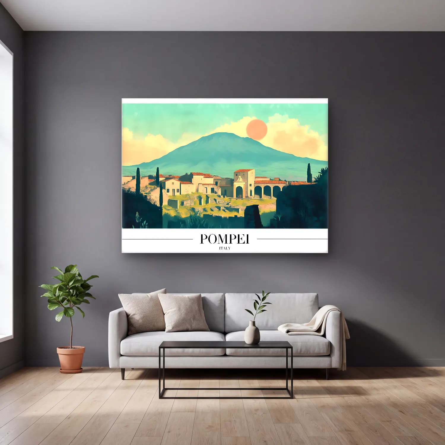 Pastel Roma No. 7 cam tablo — gri duvarlı salonda