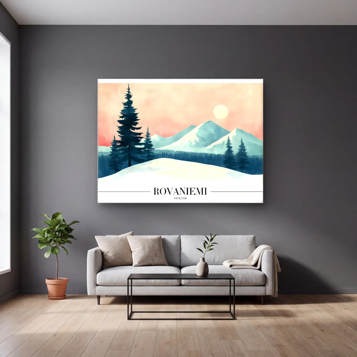 Pastel Karlı Kış Manzarası No. 14 cam tablo — gri duvarlı salonda