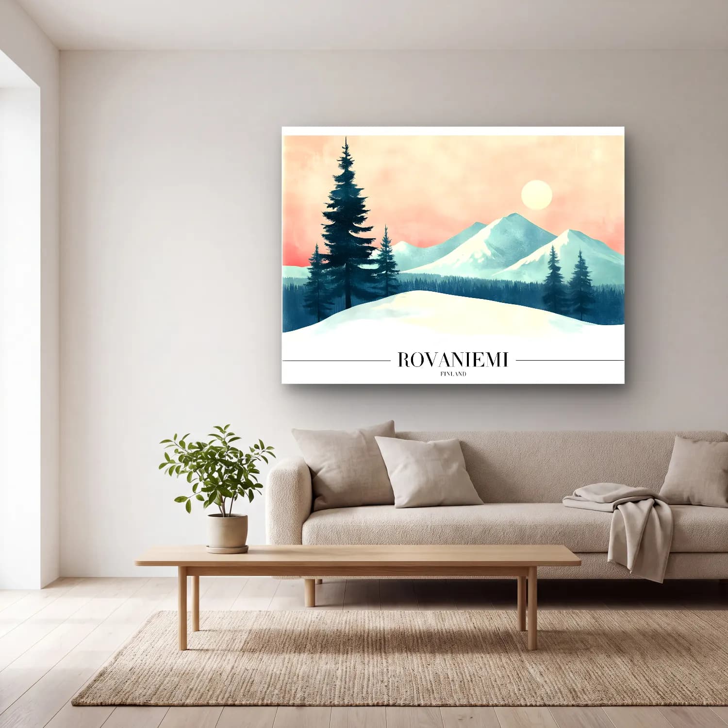Pastel Karlı Kış Manzarası No. 14 cam tablo — açık renk salonda
