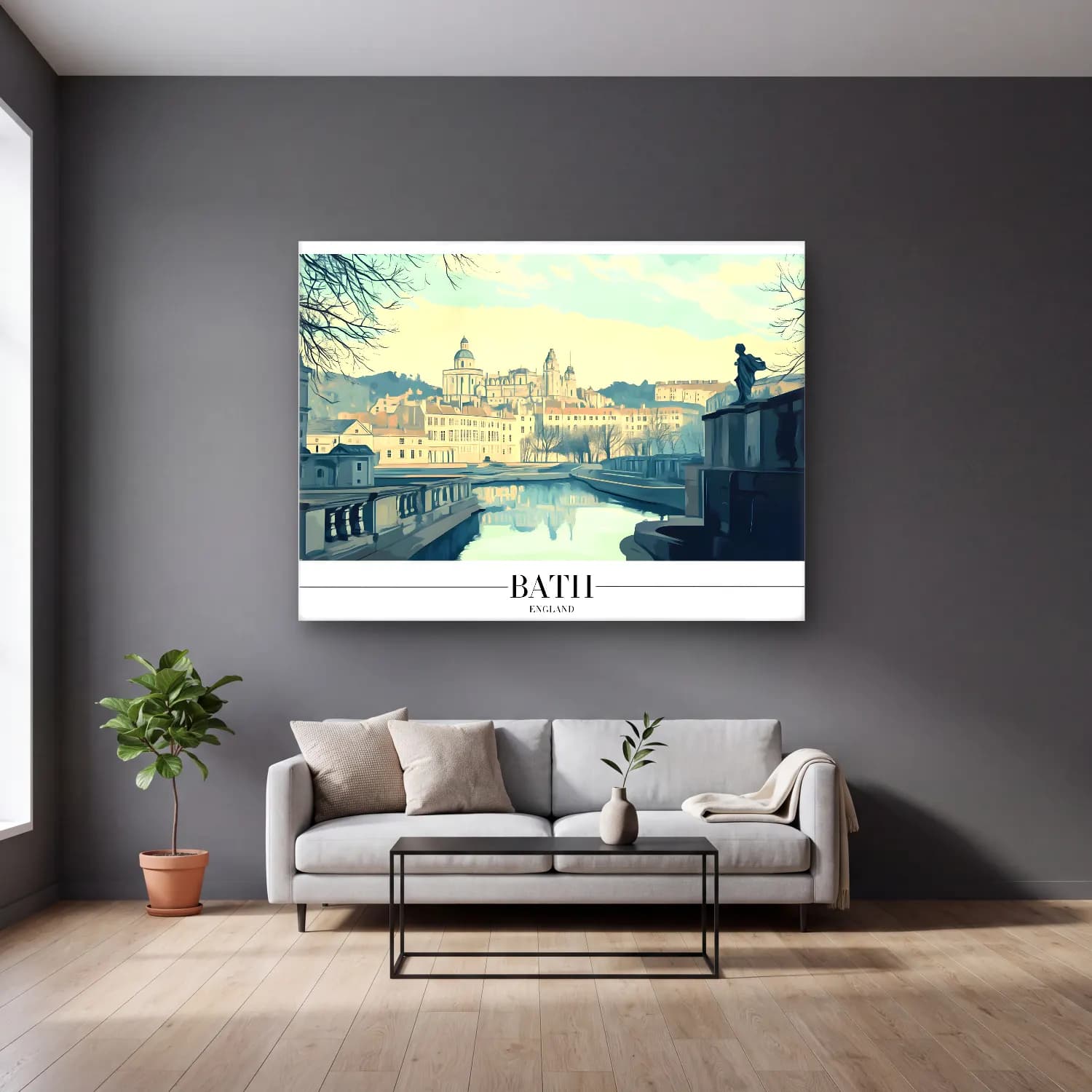 Pastel Londra No. 7 cam tablo — gri duvarlı salonda
