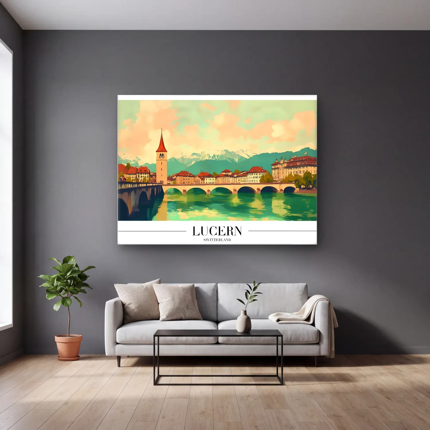 Vintage Poster Göl ve Dağlar No. 7 cam tablo — gri duvarlı salonda
