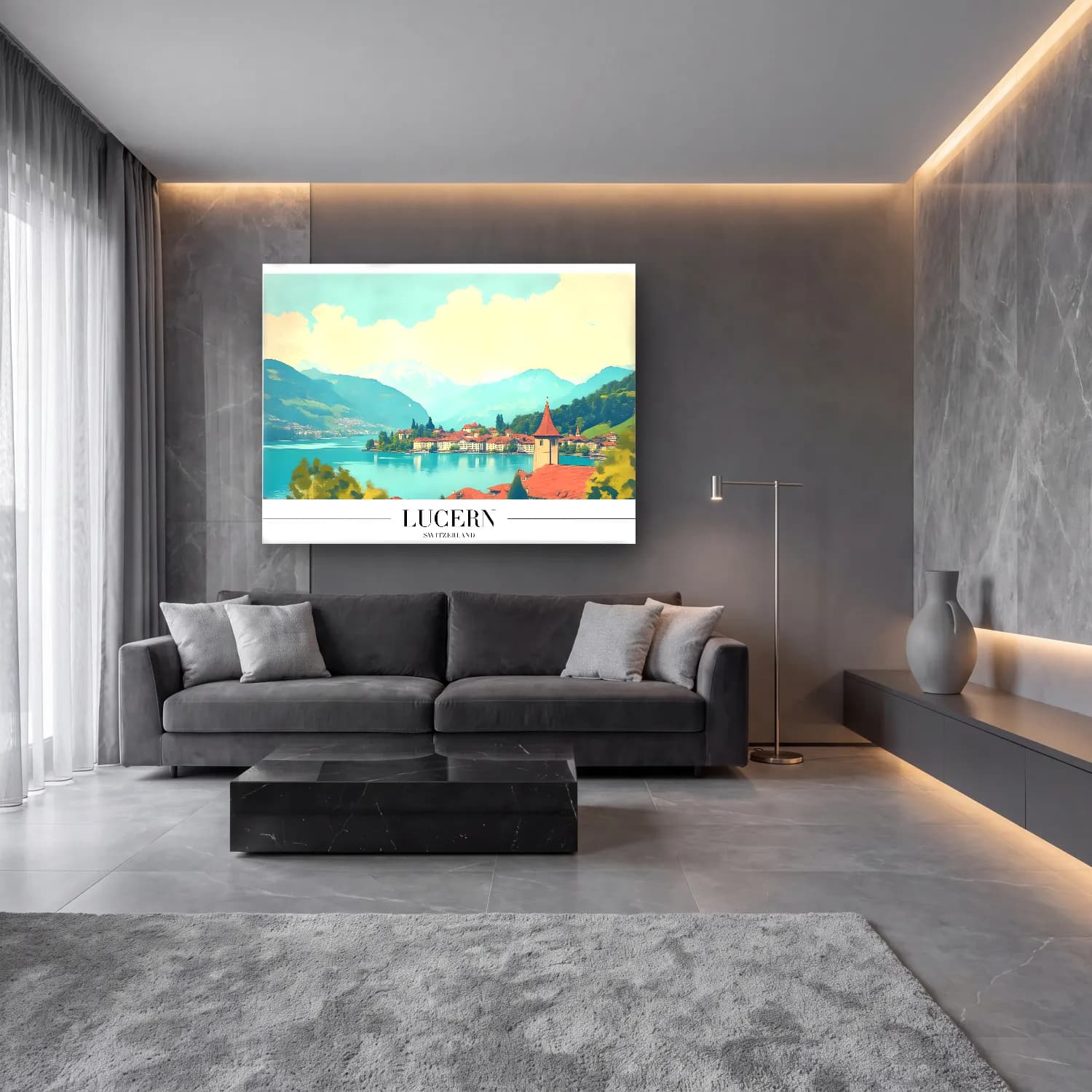 Pastel Göl ve Dağlar No. 7 cam tablo — lüks salon duvarında
