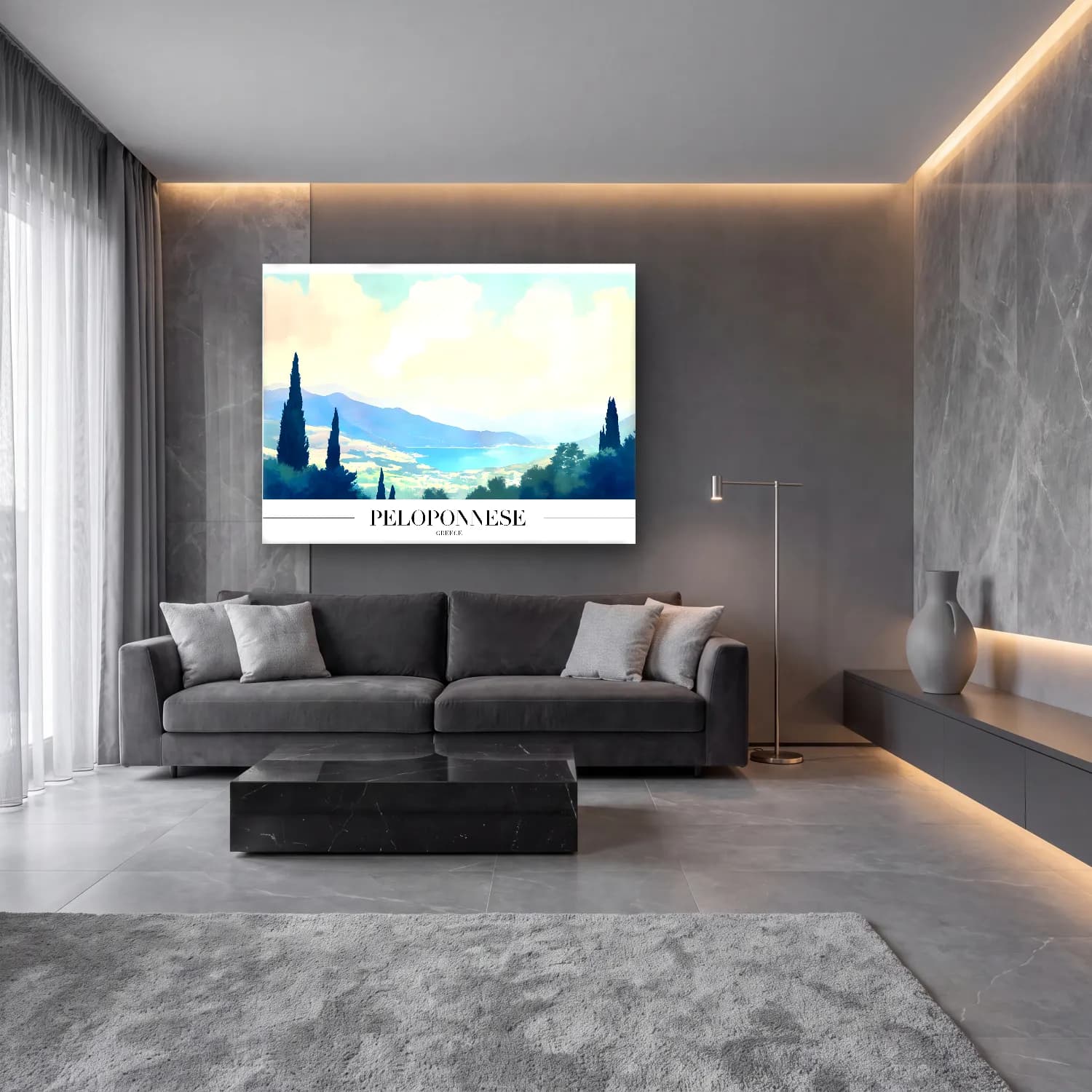 Pastel Yunan Adası – Pastel Tonlar cam tablo — lüks salon duvarında