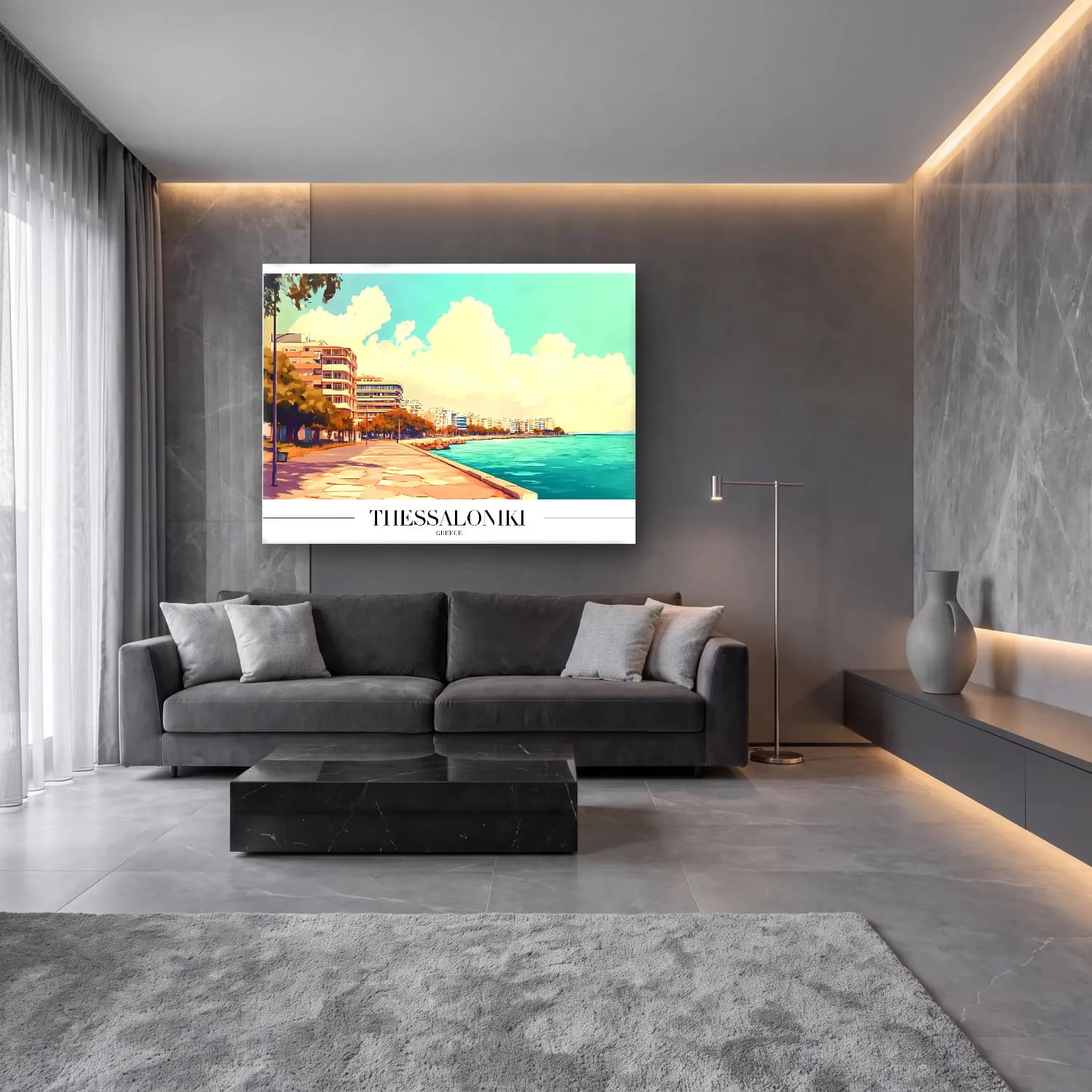 Pastel Yunan Adası – Turkuaz Tonlar cam tablo — lüks salon duvarında