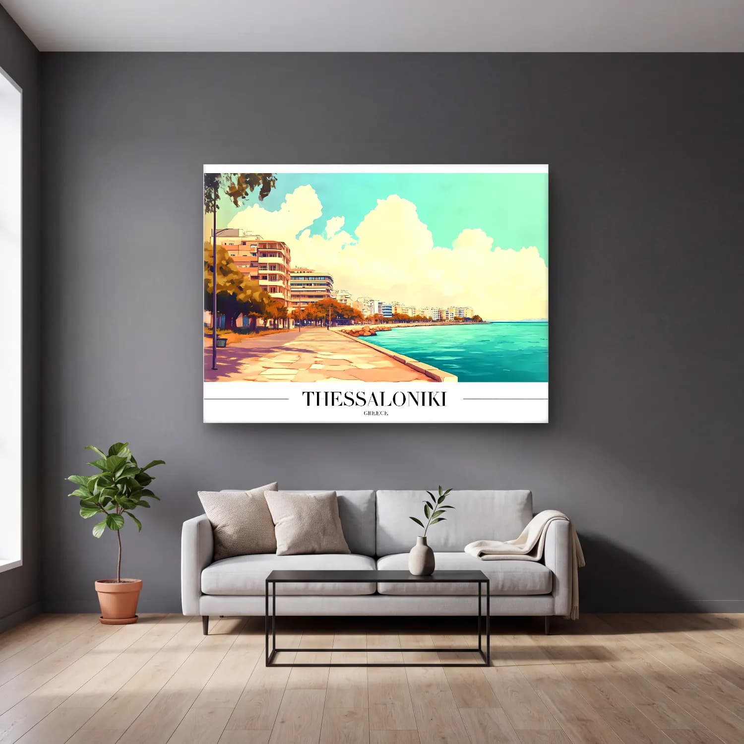 Pastel Yunan Adası – Turkuaz Tonlar cam tablo — gri duvarlı salonda