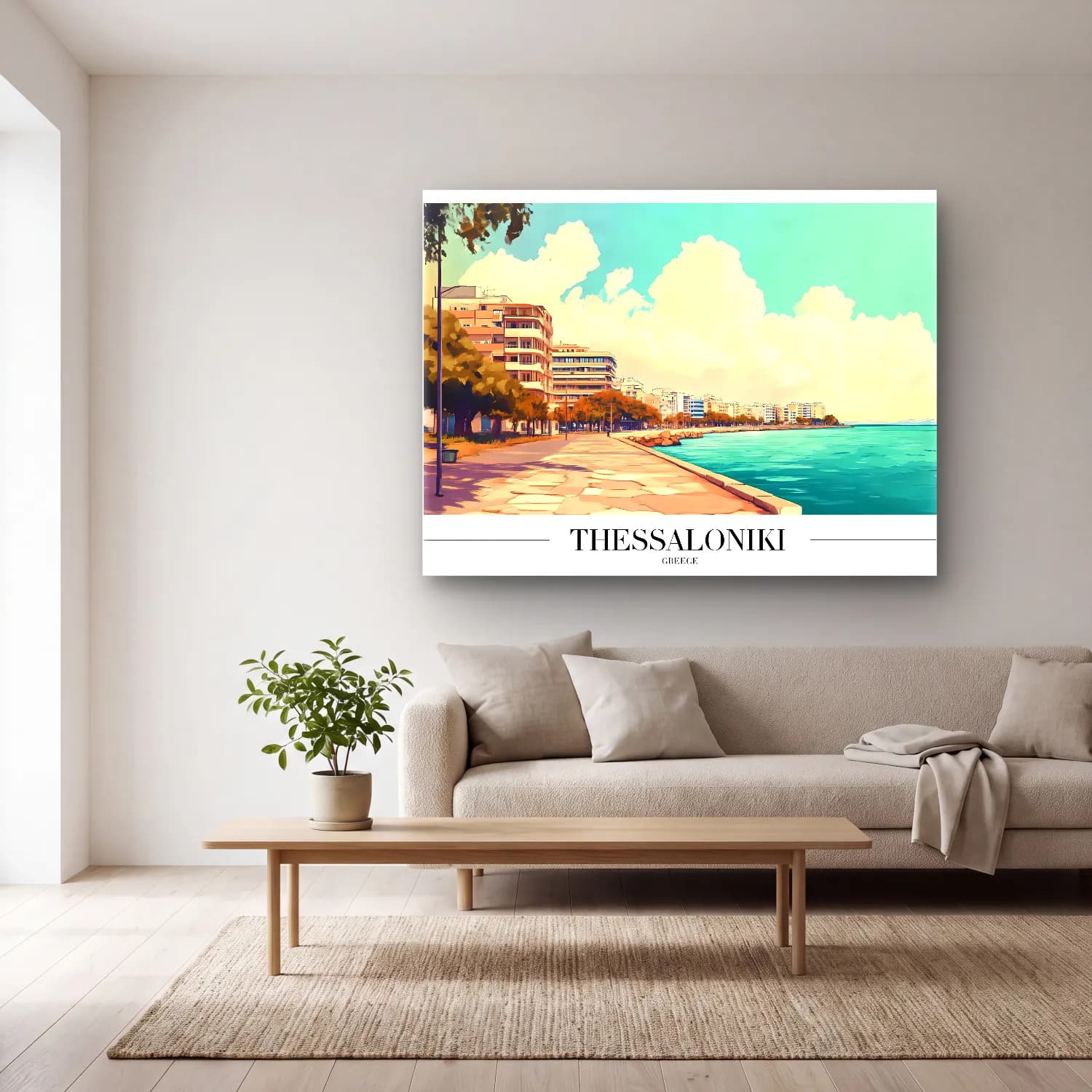 Pastel Yunan Adası – Turkuaz Tonlar cam tablo — açık renk salonda