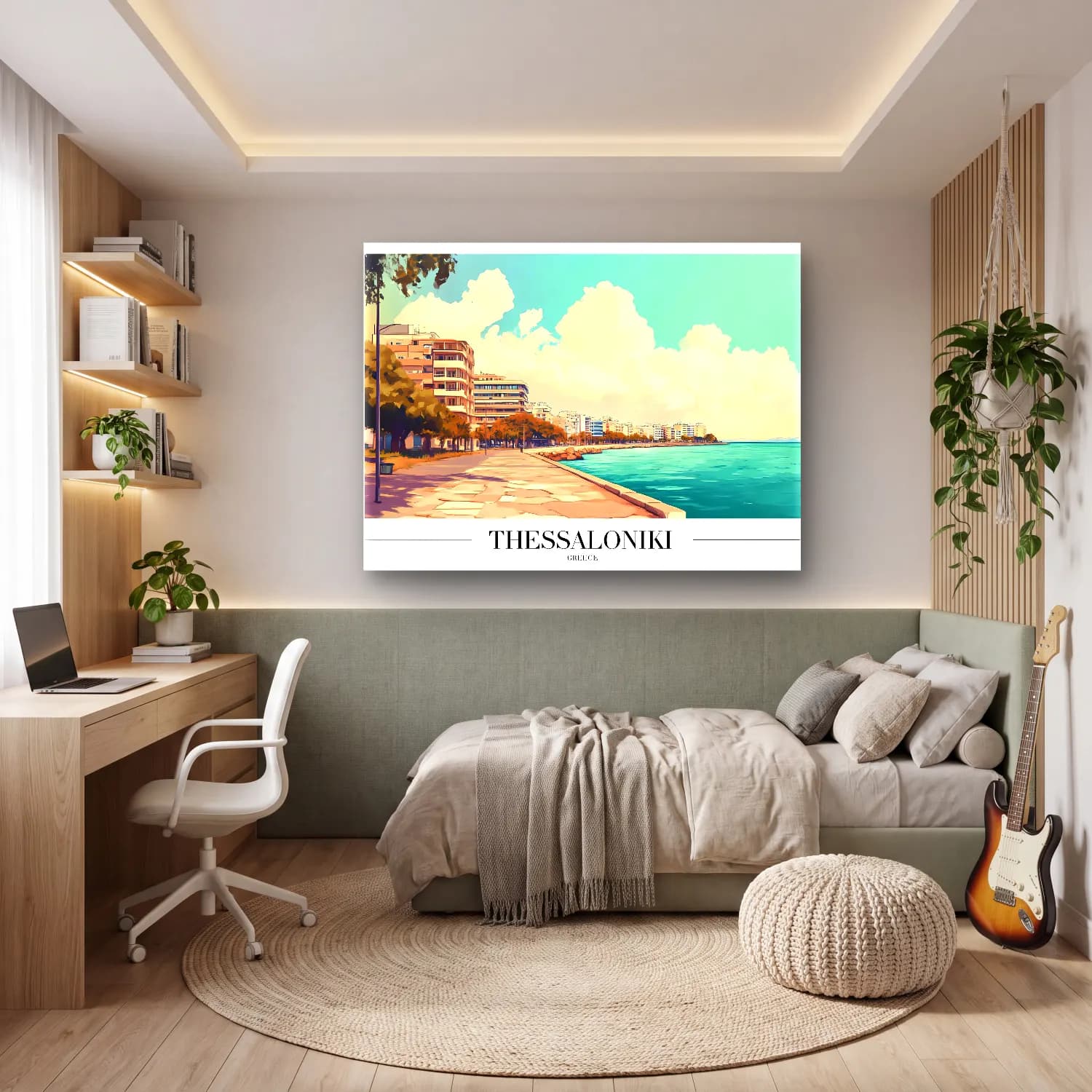 Pastel Yunan Adası – Turkuaz Tonlar cam tablo — genç odasında