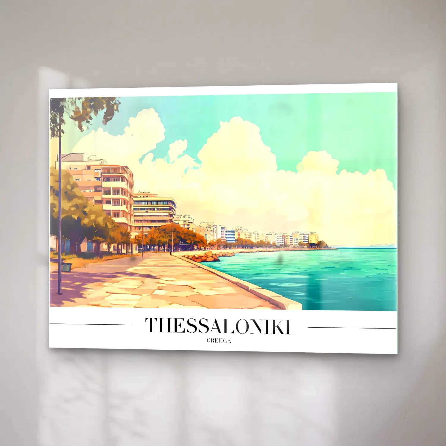Pastel Yunan Adası – Turkuaz Tonlar cam tablo — sağ açıdan görünüm