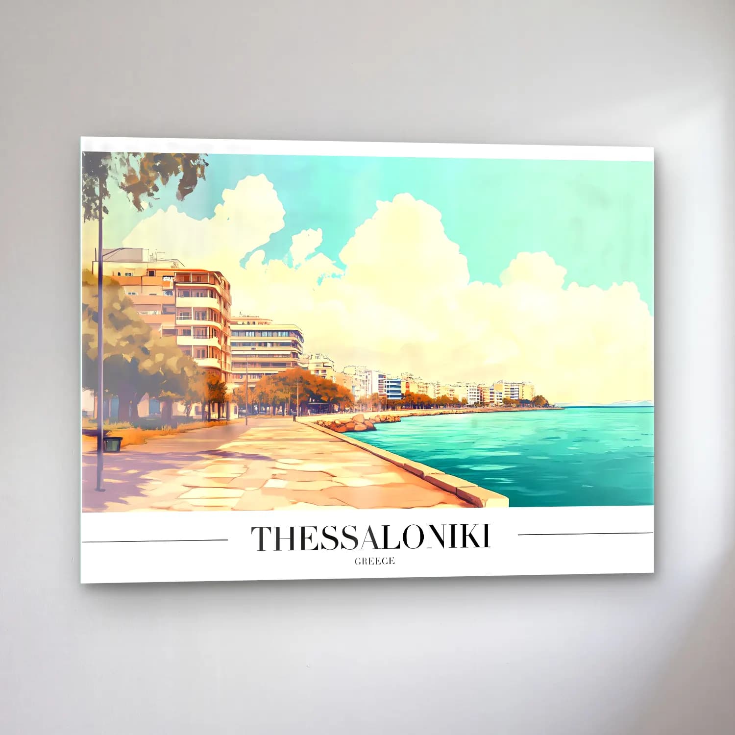 Pastel Yunan Adası – Turkuaz Tonlar cam tablo — sol açıdan görünüm